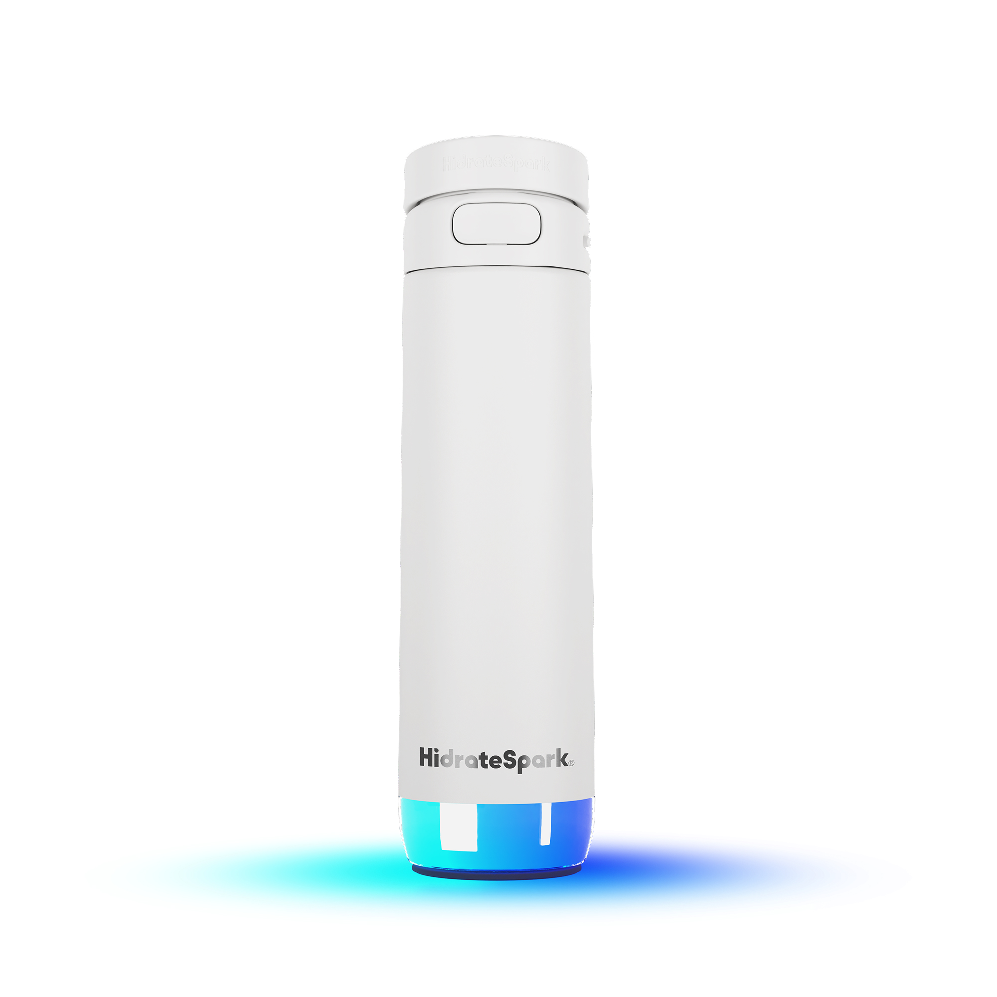 Eine weiße HidrateSpark-Wasserflasche steht aufrecht. Die Basis leuchtet blau. Der Deckel hat einen Knopf.