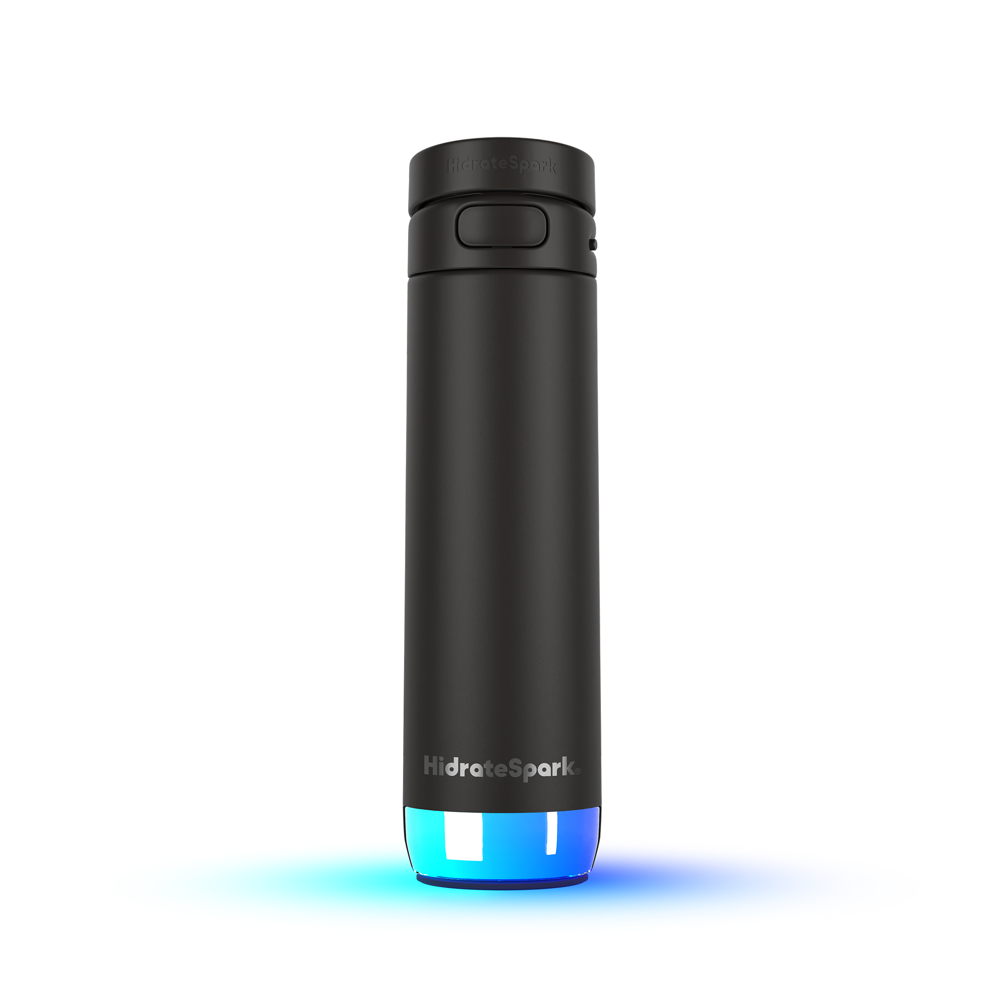 Schwarze Wasserflasche mit blau leuchtendem Boden. Der Markenname 'HidrateSpark' ist sichtbar.