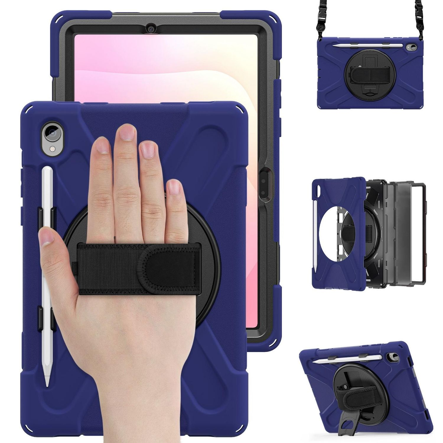 Eine blaue Tablethülle, die von einer Hand gehalten wird. Ein Stift und ein schwarzer Riemen sind sichtbar. Mehrere Winkel werden gezeigt.