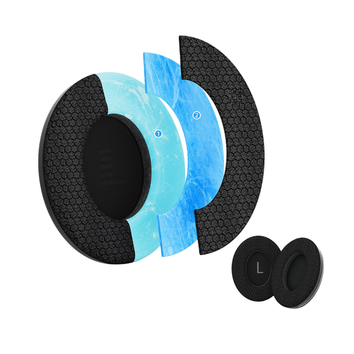 Vista esplosa di un cuscinetto auricolare per cuffie. Mostra strati di rete nera, schiuma blu e un cuscinetto auricolare nero più piccolo con una "L".