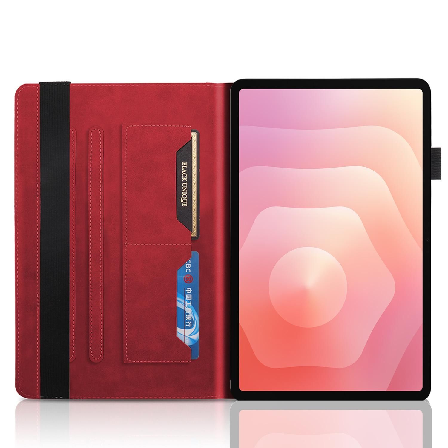 Funda roja para tableta con tableta que muestra un diseño abstracto en rosa y blanco. Tarjetas de crédito visibles.