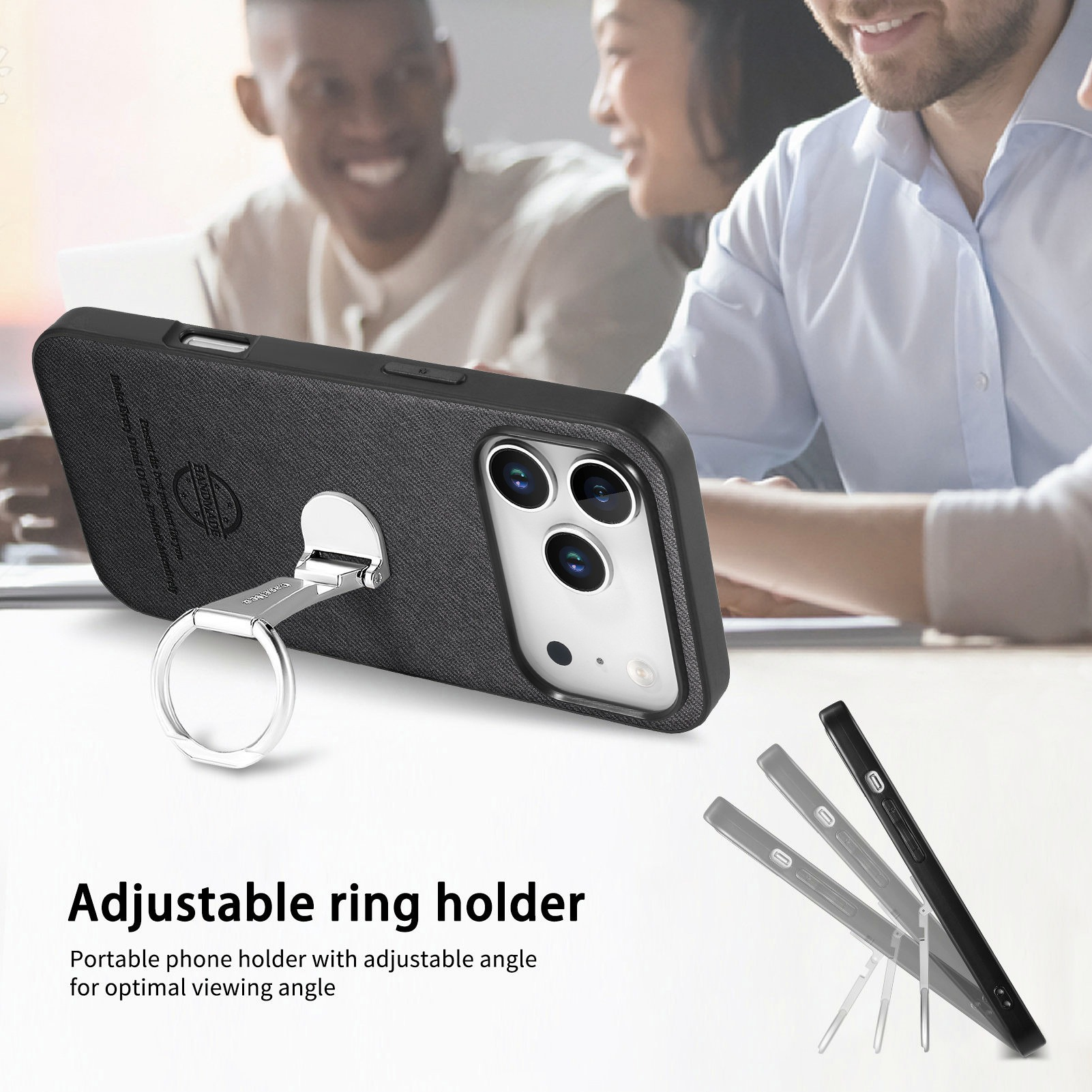 Un telefono in una custodia con un anello di supporto. Persone sfocate sullo sfondo. Supporto ad anello regolabile.