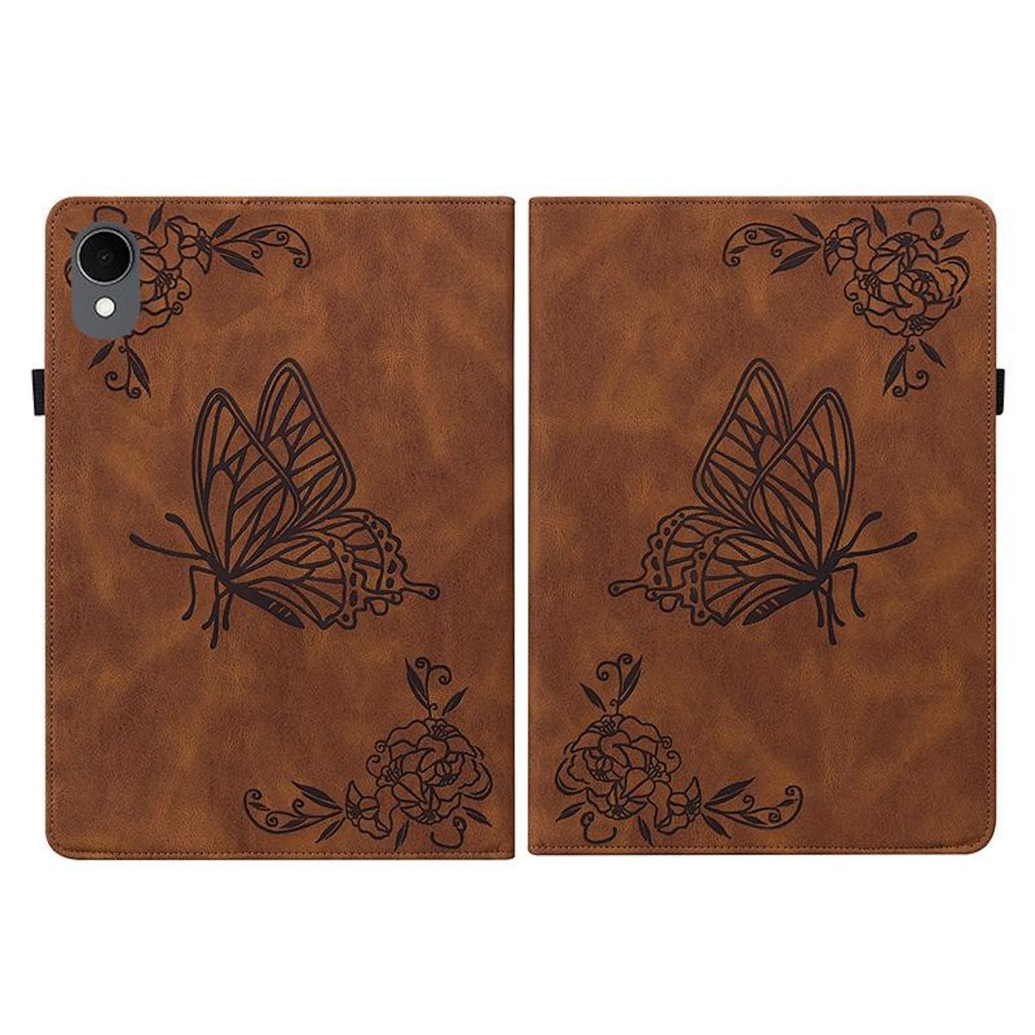 Braune Tablethülle mit Schmetterlings- und Blumenmustern. Gehäuse ist geöffnet und zeigt das Innere mit dem Design.