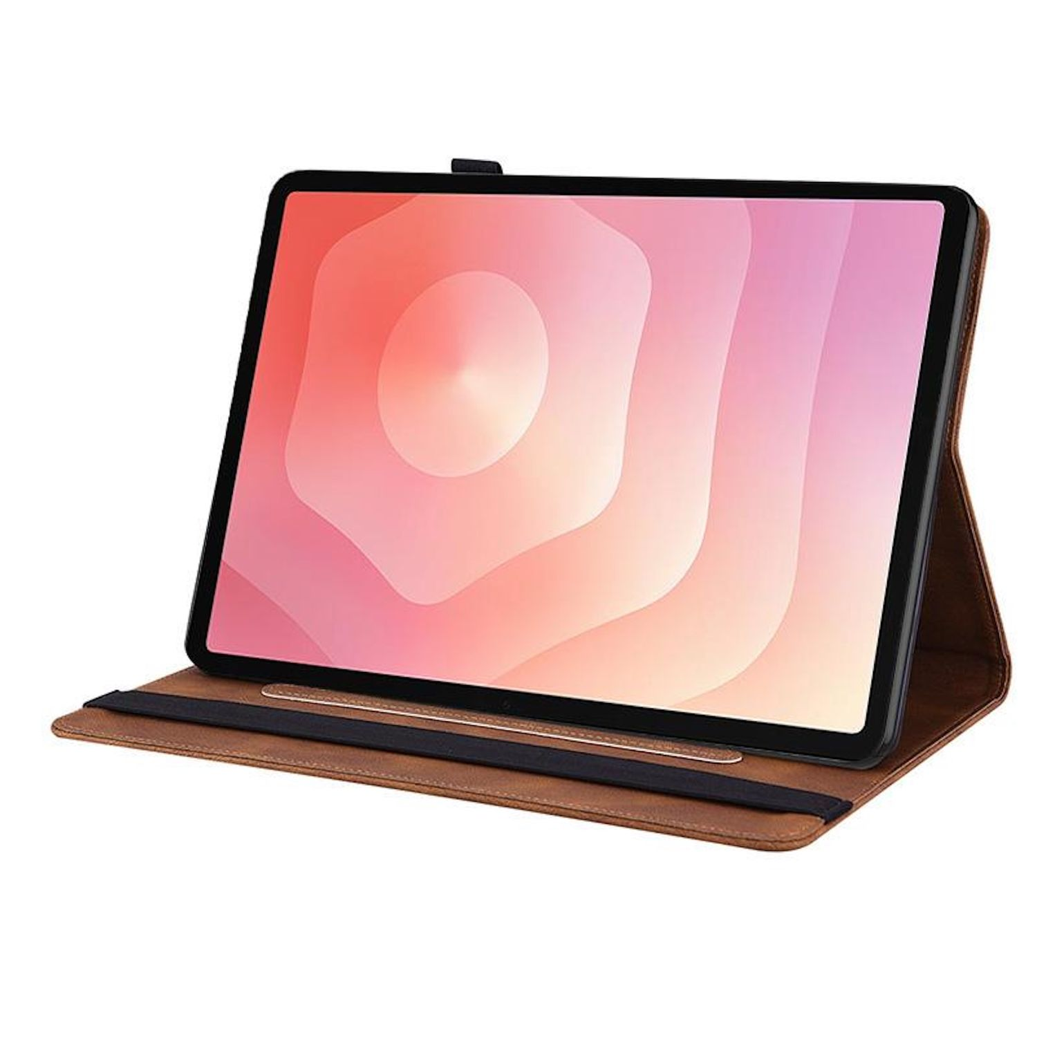 Tablet in brauner Lederhülle. Der Tablet-Bildschirm zeigt ein abstraktes rosa-weißes Design. Schwarzer Gummizug hält das Tablet.