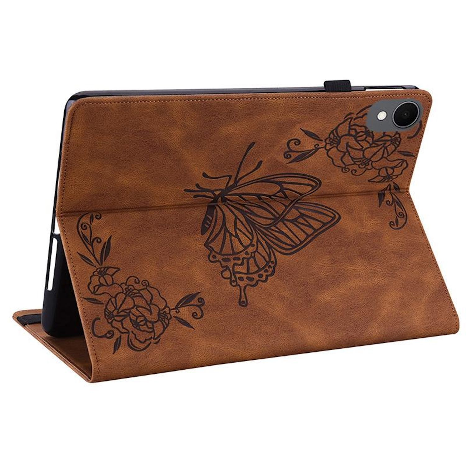 Braune Tablethülle mit Schmetterling und floralem Design. Sie ist geöffnet und zeigt ein schwarzes Tablet. Die Hülle ist auf weißem Hintergrund.