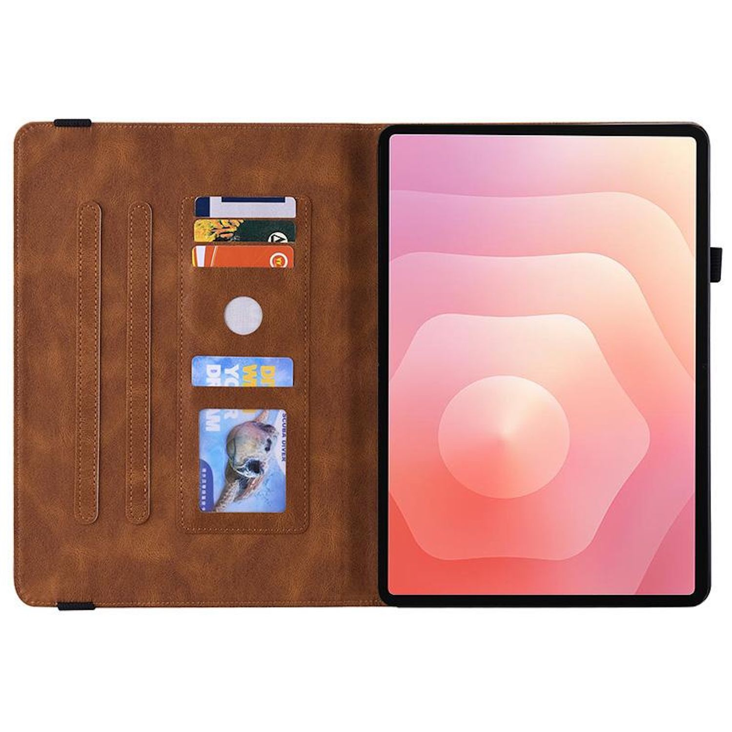 Braune Tablet-Hülle offen. Tablet rechts zeigt ein rosa-weißes Bild. Linke Seite hat Kartenfächer mit Karten.