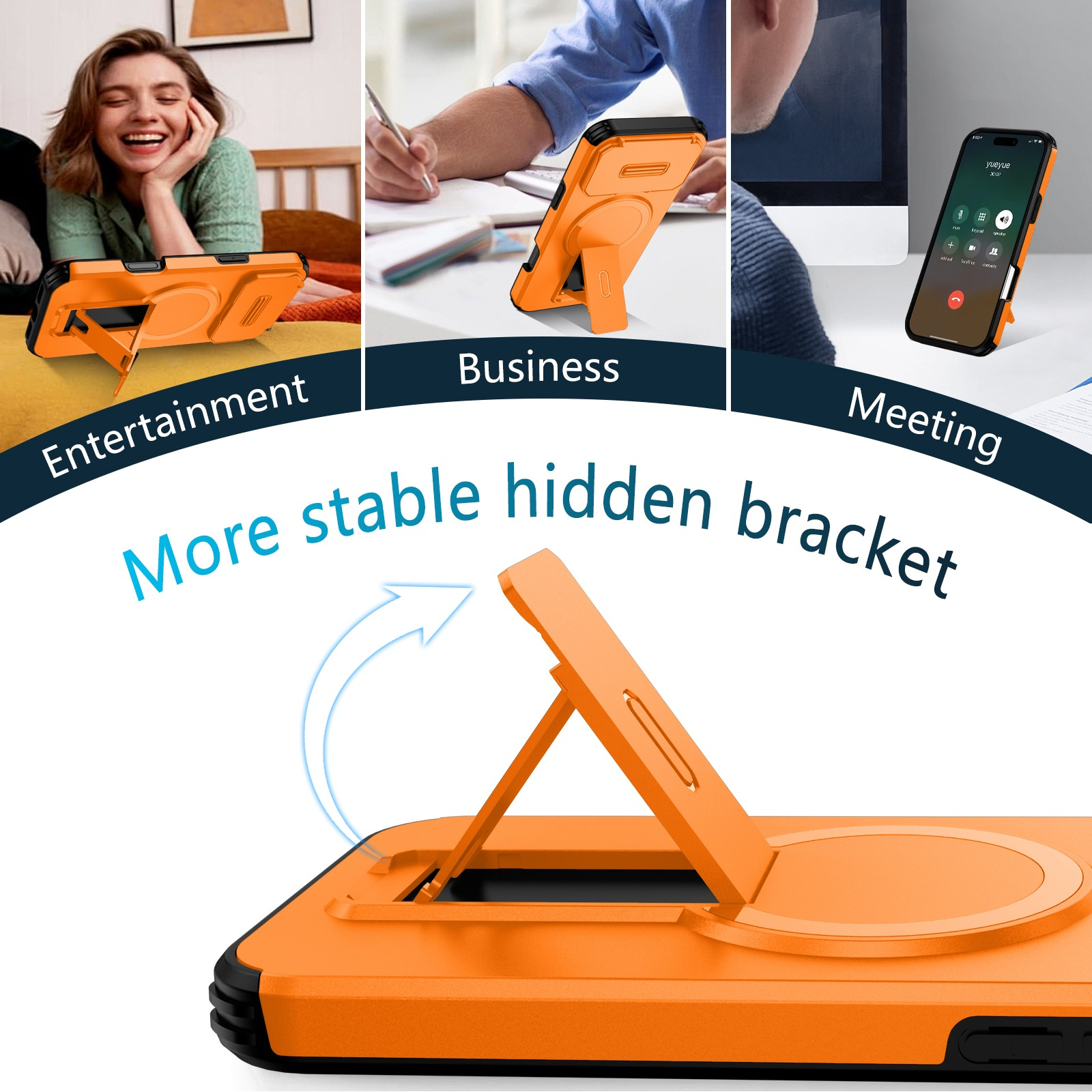 Eine orangefarbene Handyhülle mit versteckter Halterung. Die Hülle wird in verschiedenen Szenarien gezeigt, darunter Unterhaltung, Business und Meeting.