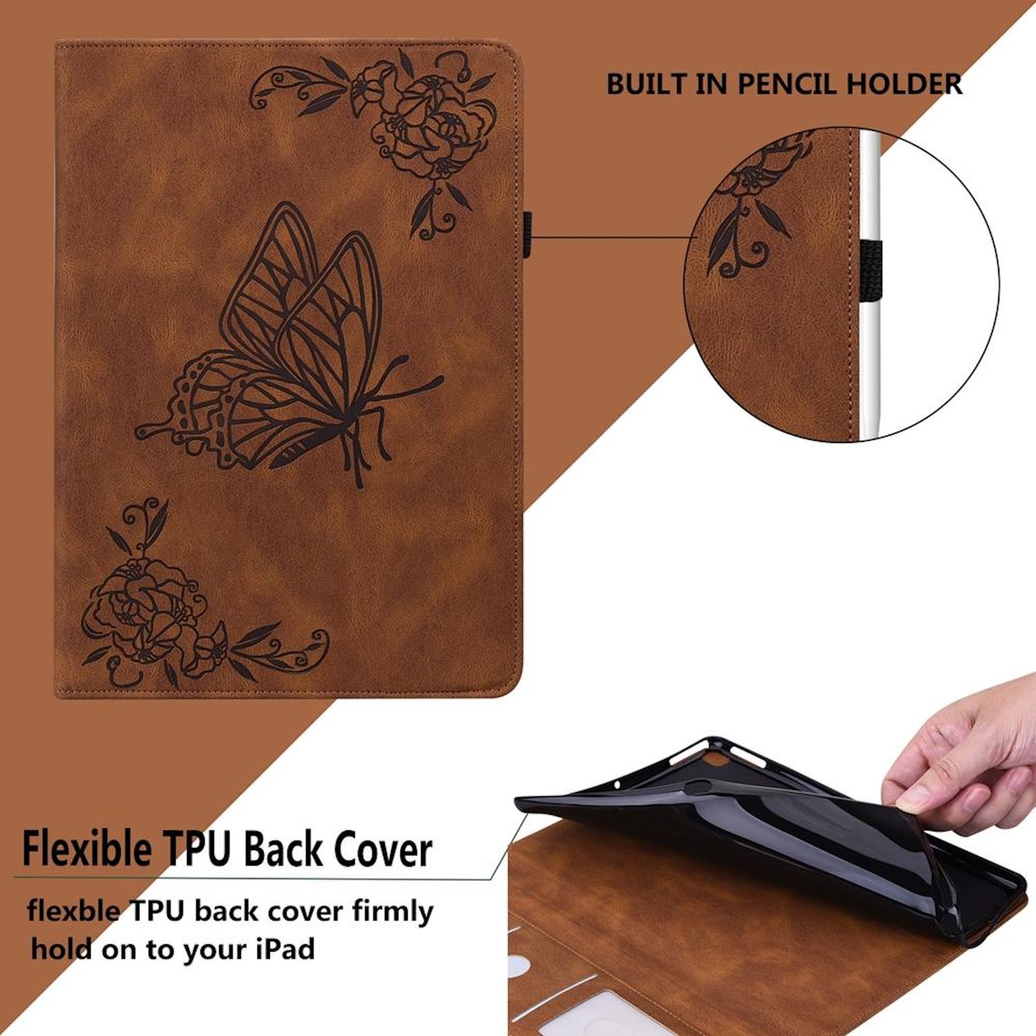Braune Tablethülle mit Schmetterlings- und Blumendesign. Mit Stifthalter und flexibler TPU-Rückseite für ein iPad.