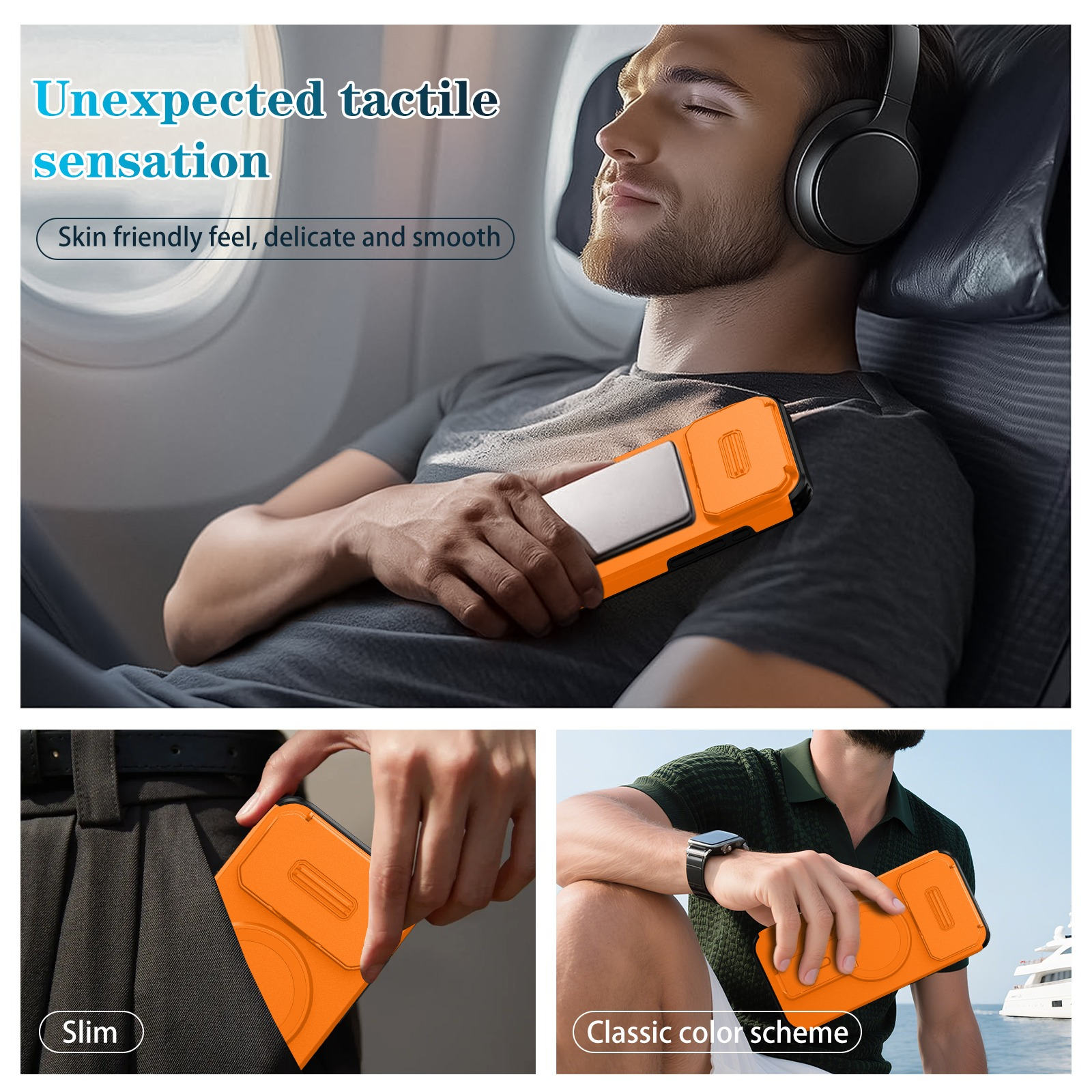 Mann mit Kopfhörern im Flugzeug, der eine orangefarbene Handyhülle hält. Weitere Bilder zeigen das schlanke und klassische Design.