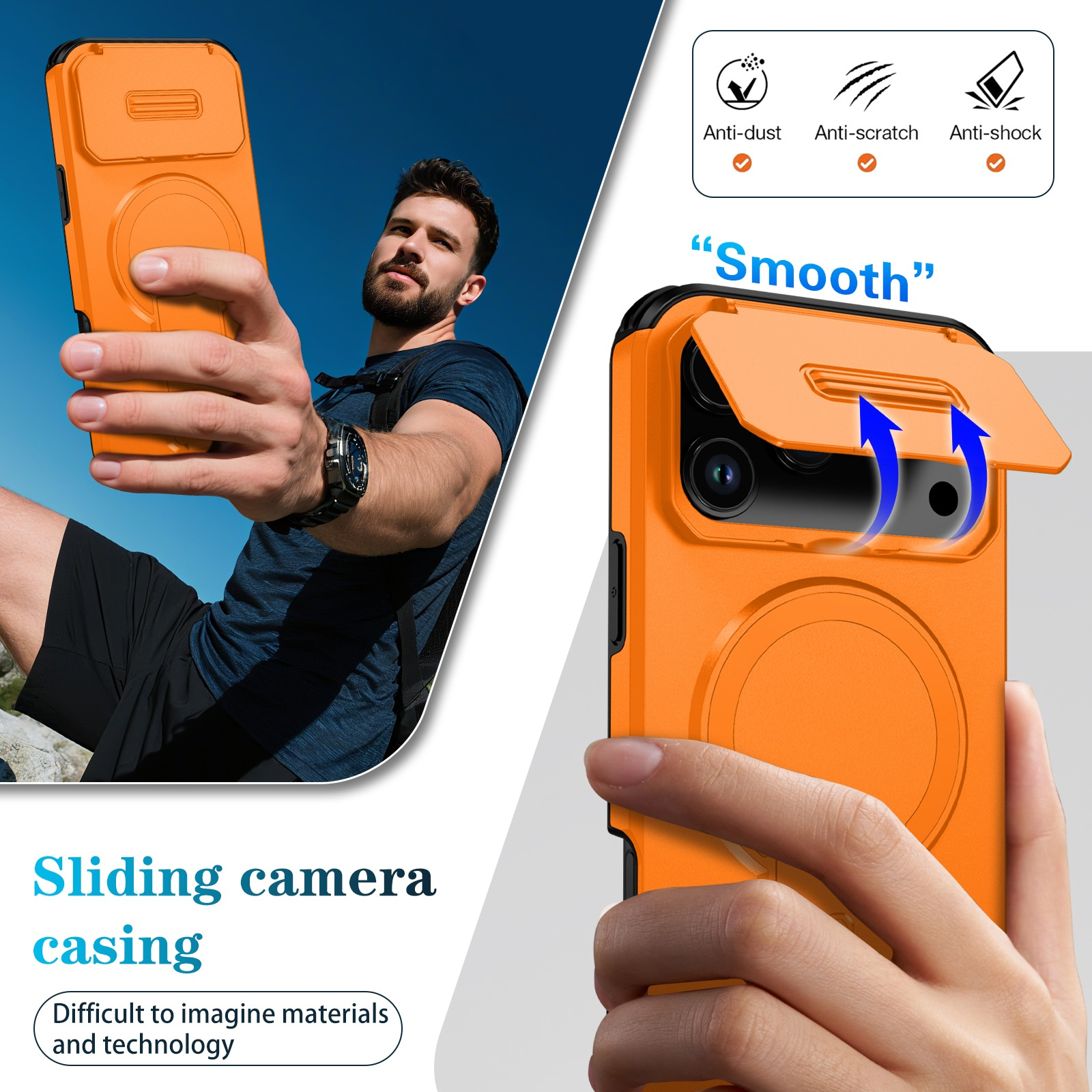 Ein Mann hält eine orangefarbene Handyhülle mit einem Schiebe-Kamera-Cover. Die Hülle ist mit Anti-Staub, Anti-Kratzer und Anti-Schock beschriftet.
