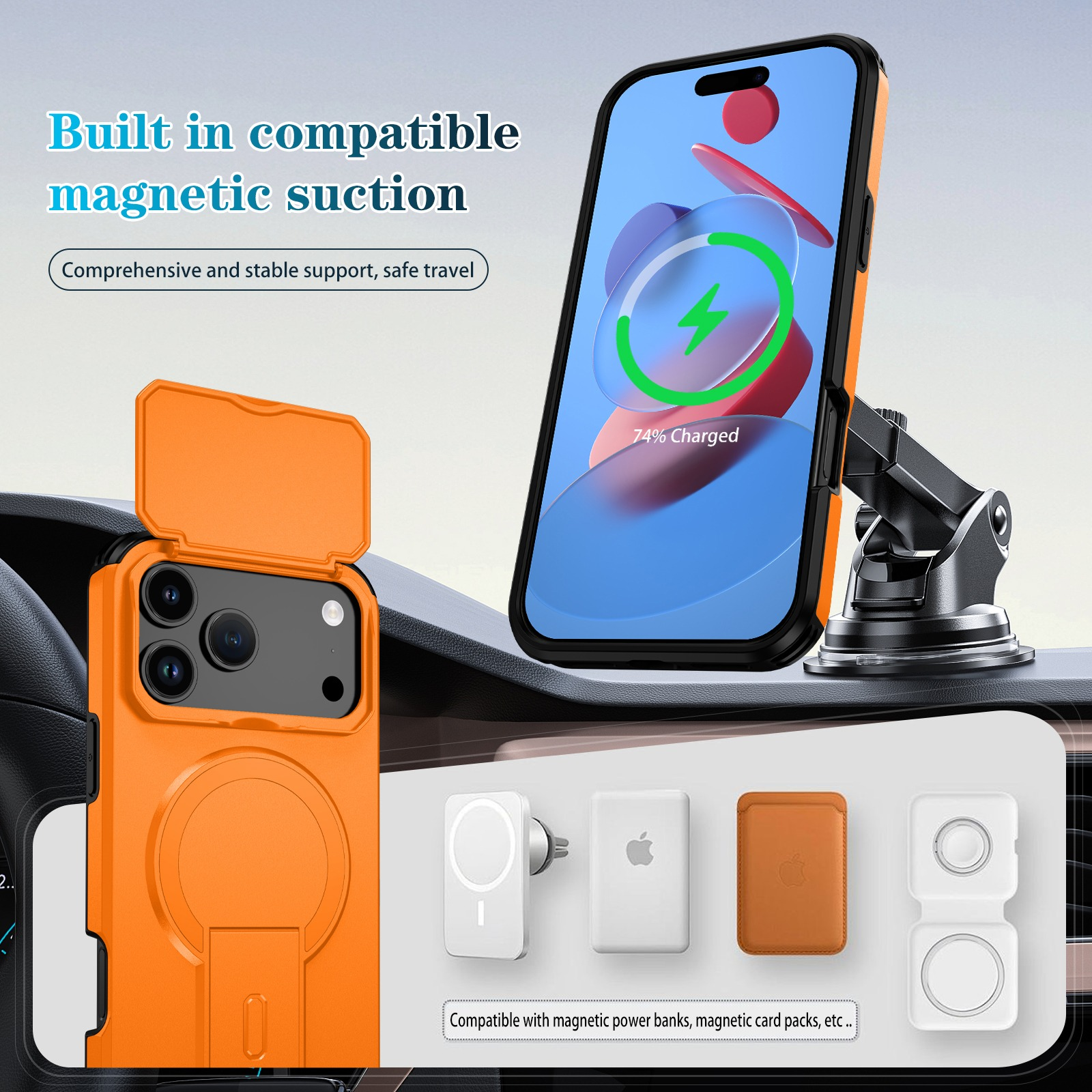 Eine orangefarbene Handyhülle mit offenem Deckel, ein ladendes Telefon und Zubehör auf dem Armaturenbrett.