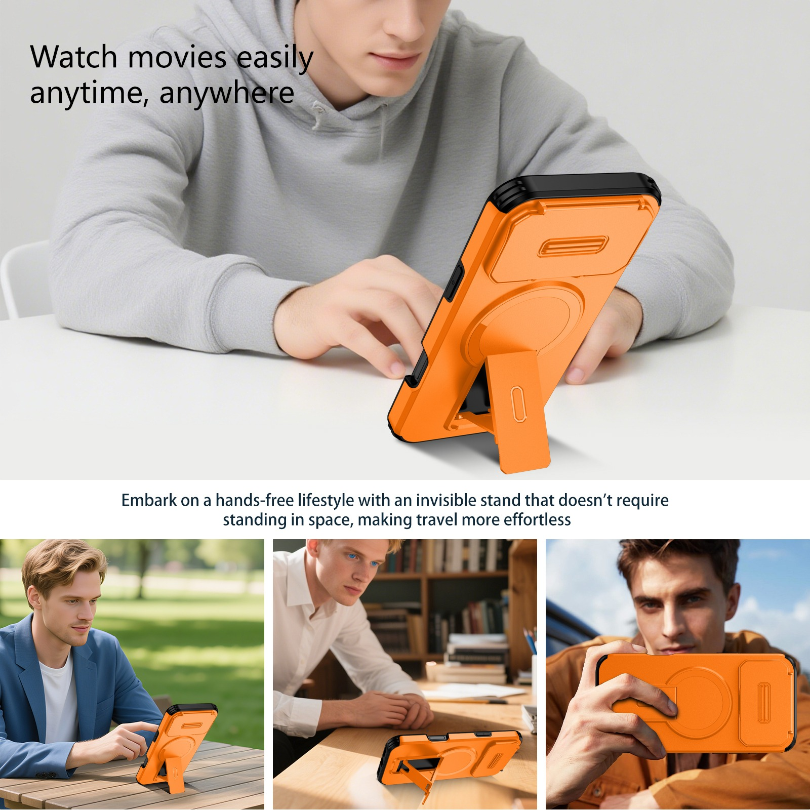 Ein Mann benutzt einen orangefarbenen Telefonständer. Der Ständer stützt ein Telefon. Der Hintergrund hat Text und zwei weitere Bilder.