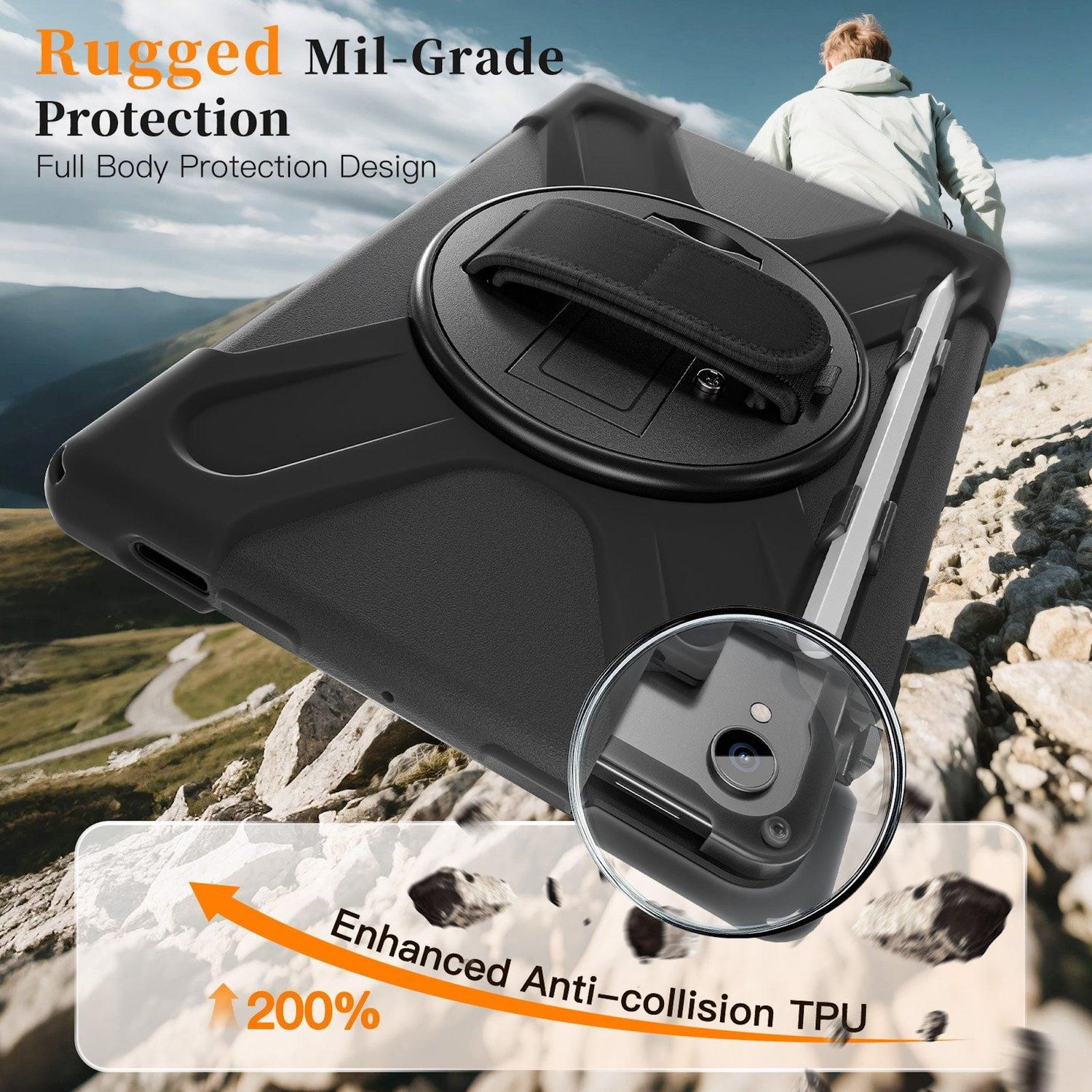 Schwarze Tablettasche mit Handschlaufe. Eine Person geht bergauf. Text: Rugged Protection und Enhanced Anti-collision TPU.