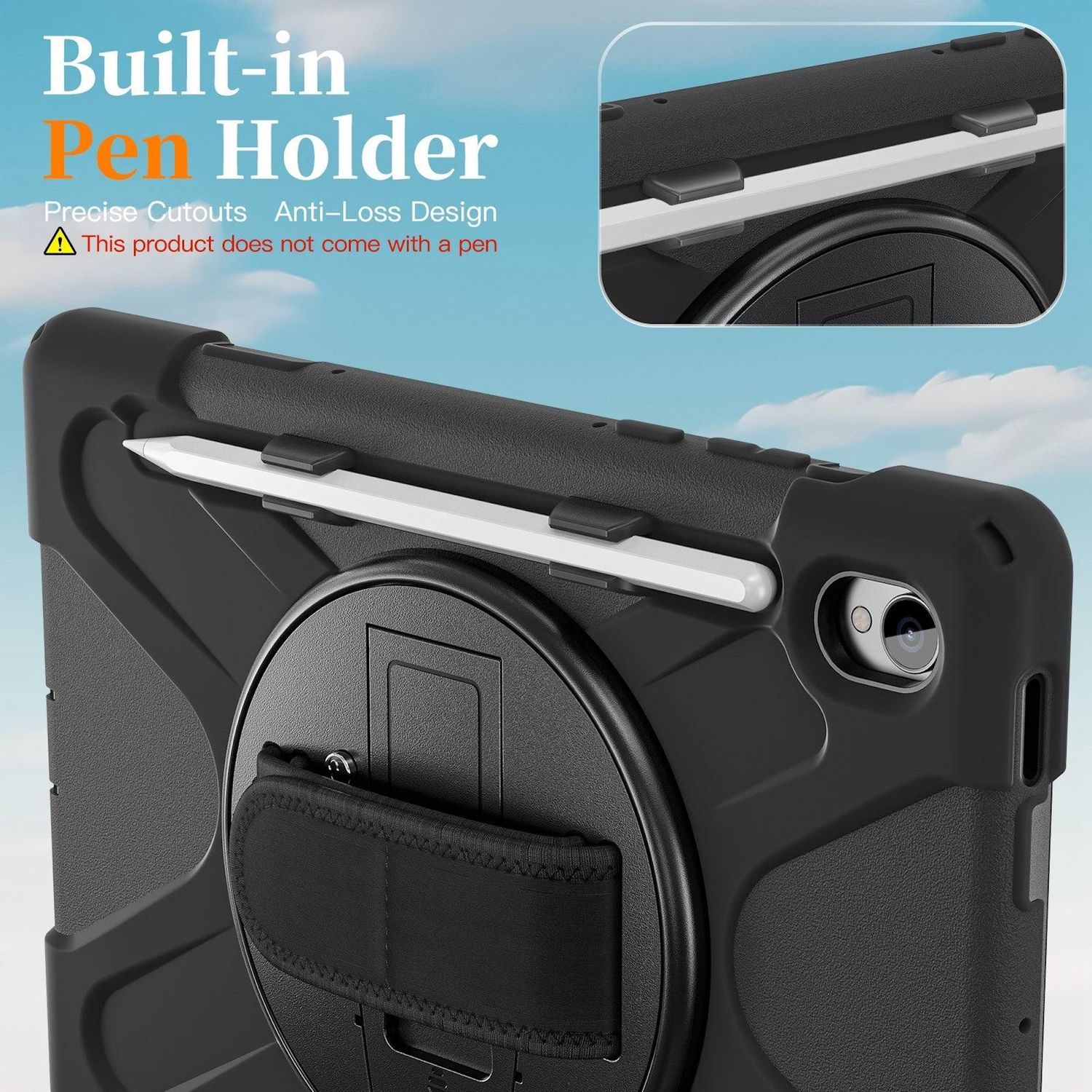 Schwarze Tablet-Hülle mit eingebautem Stifthalter, einem weißen Stift und einer Handschlaufe. Text: Built-in Pen Holder. Precise Cutouts. Anti-Loss Design.