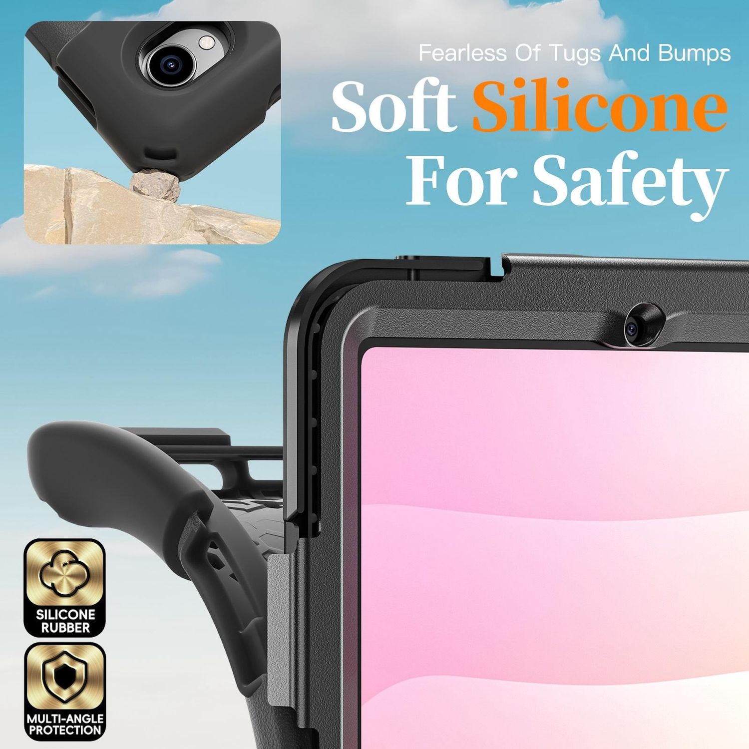 Eine Tablethülle mit Kameraausschnitt wird gezeigt, die auf einem Felsen ruht. Der Text lautet 'Soft Silicone For Safety' mit Symbolen.