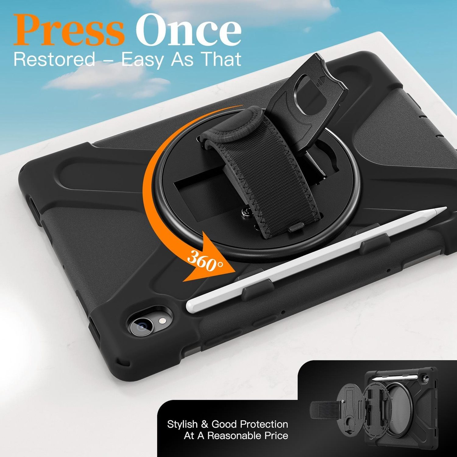 Schwarze Tablet-Hülle mit Riemen und Stift. Text lautet 'Press Once'. Weißer Hintergrund mit orangefarbenem 360-Grad-Pfeil und Text.