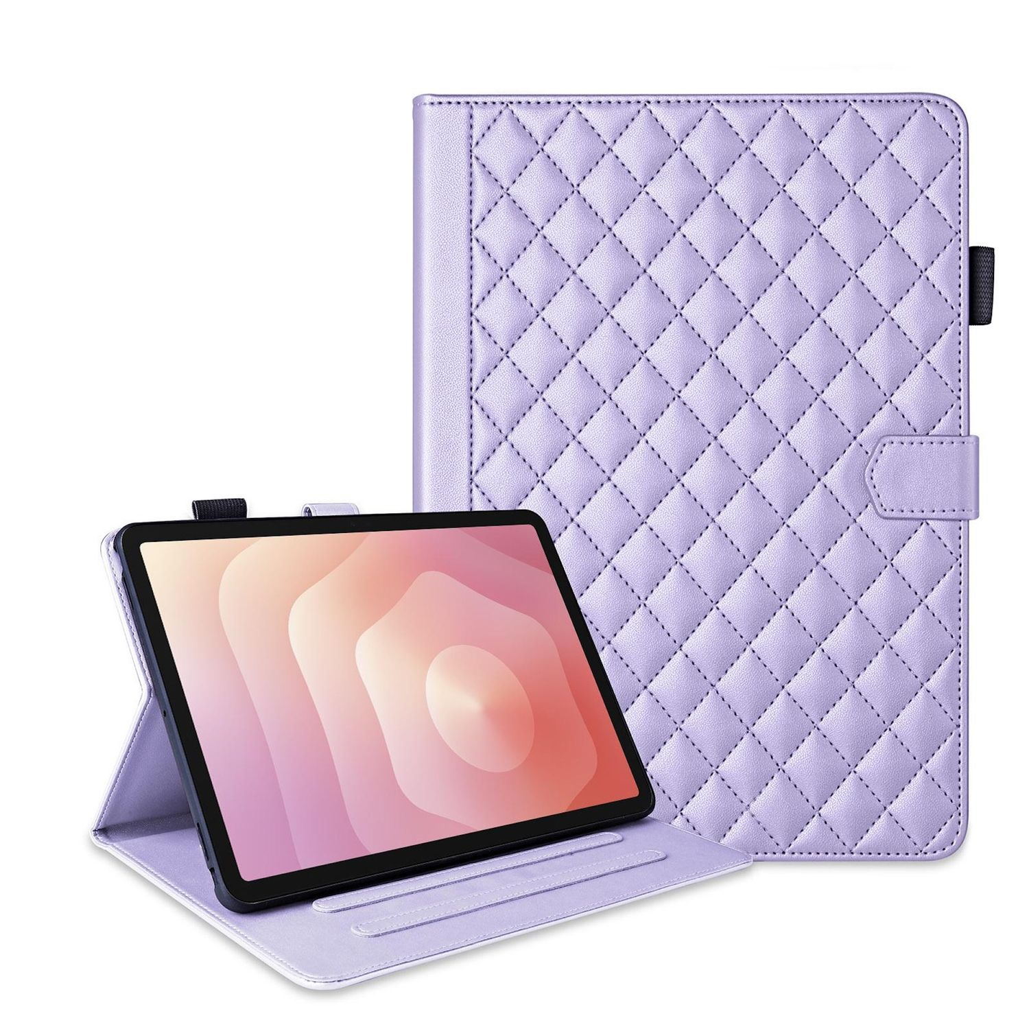 Eine lavendelfarbene Tablethülle mit einem Tablet darin. Die Hülle ist gesteppt und hat einen Ständer. Der Tablet-Bildschirm zeigt einen rosa-orangen Farbverlauf.