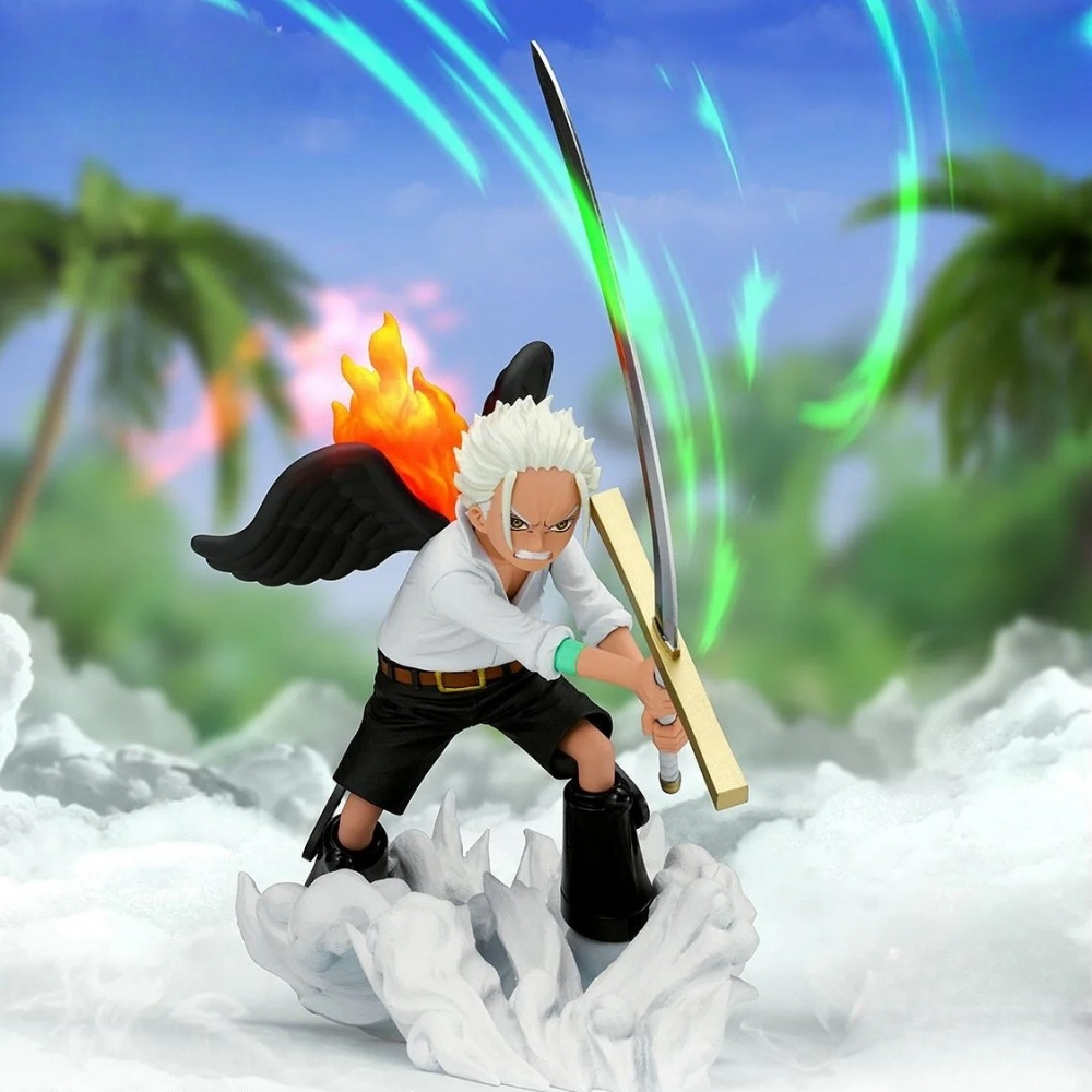 Una figura de un niño con cabello blanco, alas negras y un aura de fuego, empuñando una espada con estelas de energía verde, sobre una base de nube.