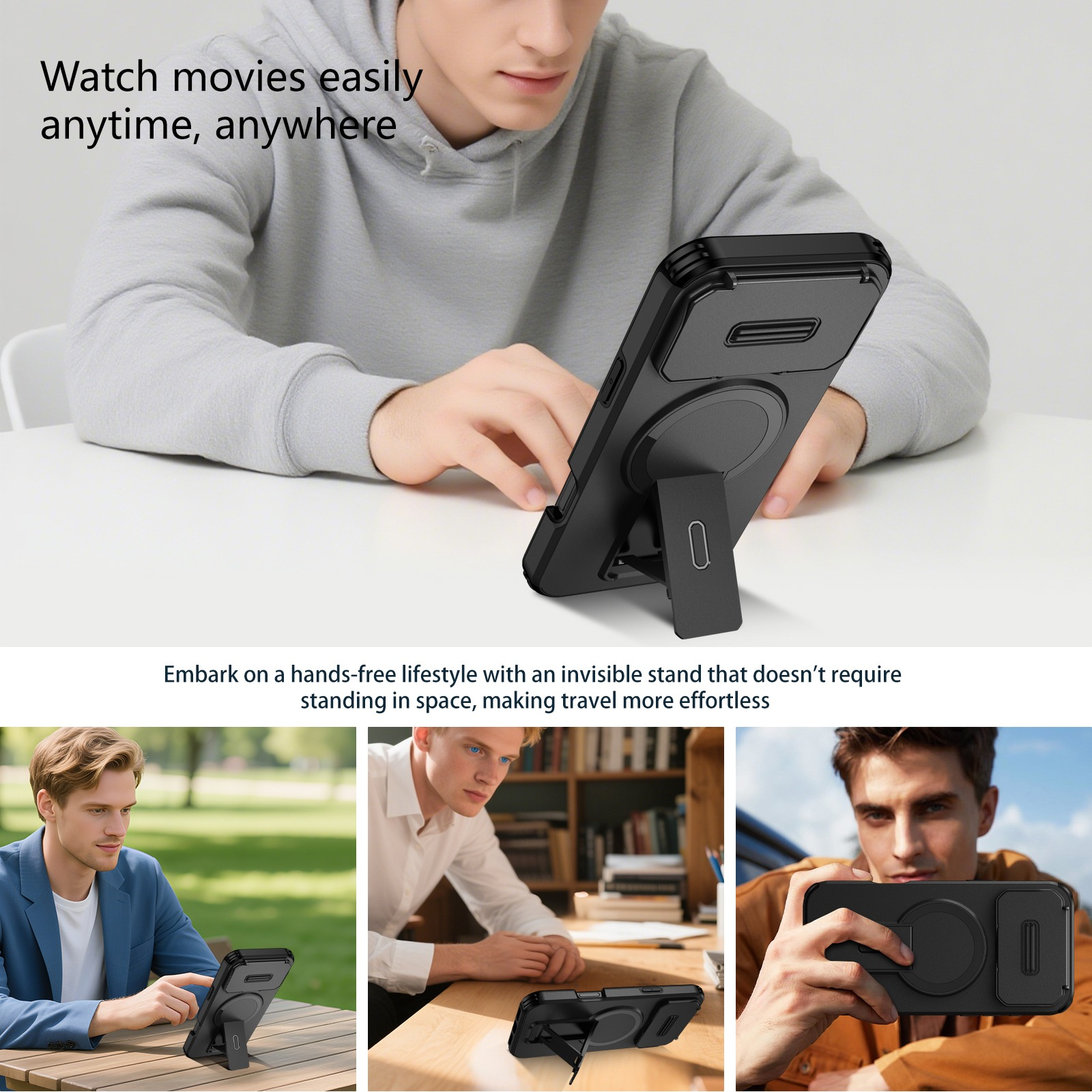 Ein Mann in einem grauen Kapuzenpullover benutzt eine schwarze Handyhülle mit Ständer. Die Handyhülle hat eine Kameraabdeckung.