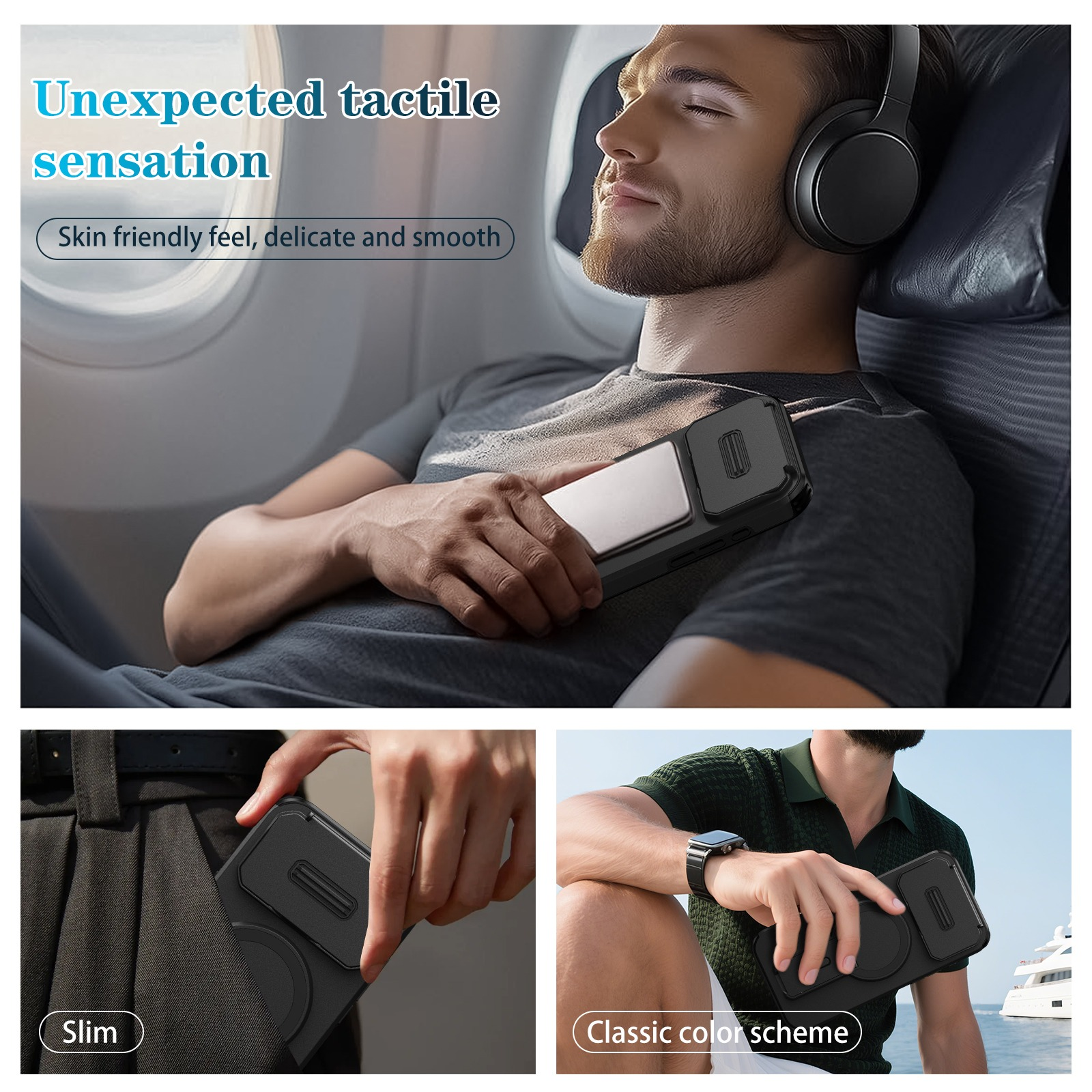 Ein Mann im Flugzeug mit Kopfhörern hält eine Handyhülle. Eine andere zeigt die Hülle in einer Tasche und in der Hand, in der Nähe von Wasser.