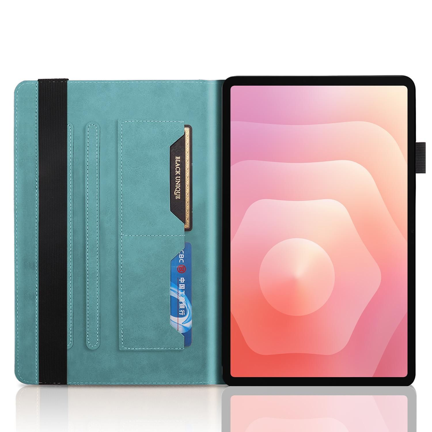 Ein Tablet in einer tealfarbenen Hülle. Innen ein Kartenhalter mit einer Black Unique Karte und einer CBC Kreditkarte. Der Bildschirm zeigt ein rosa Design.