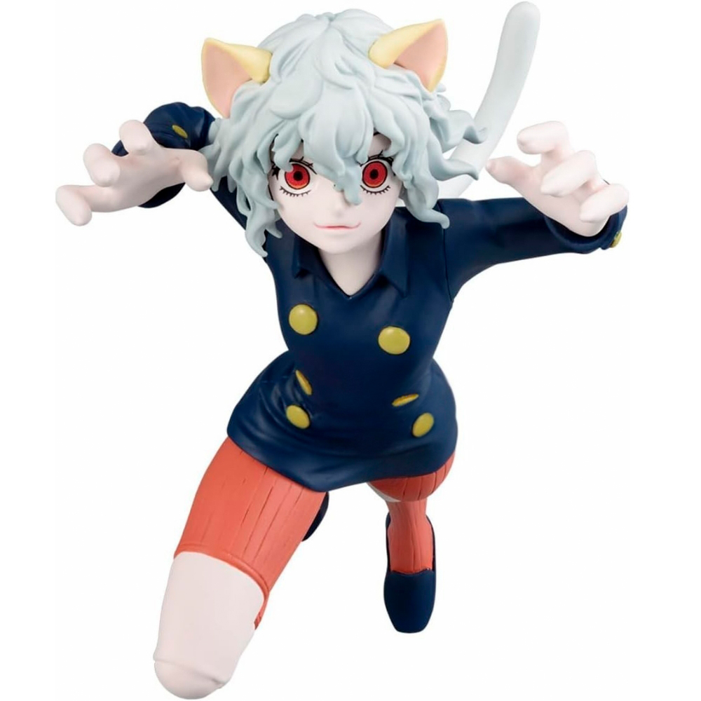 Figura de anime de una chica con orejas de gato, ojos rojos y cabello blanco. Viste un vestido azul marino y leggings naranjas, en una pose dinámica.