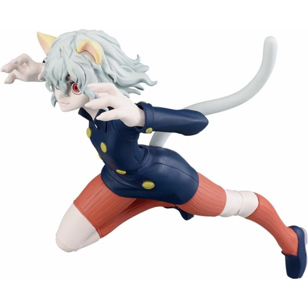Una figura de un personaje felino en pose de acción. Tiene pelo blanco, atuendo azul, leggings naranjas y cola blanca.