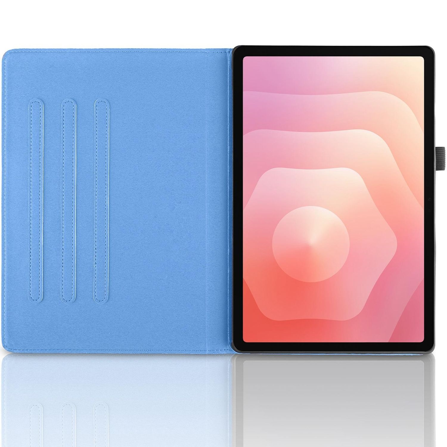 Una tableta en una funda azul claro. La pantalla muestra un diseño abstracto colorido. La funda tiene ranuras para tarjetas.