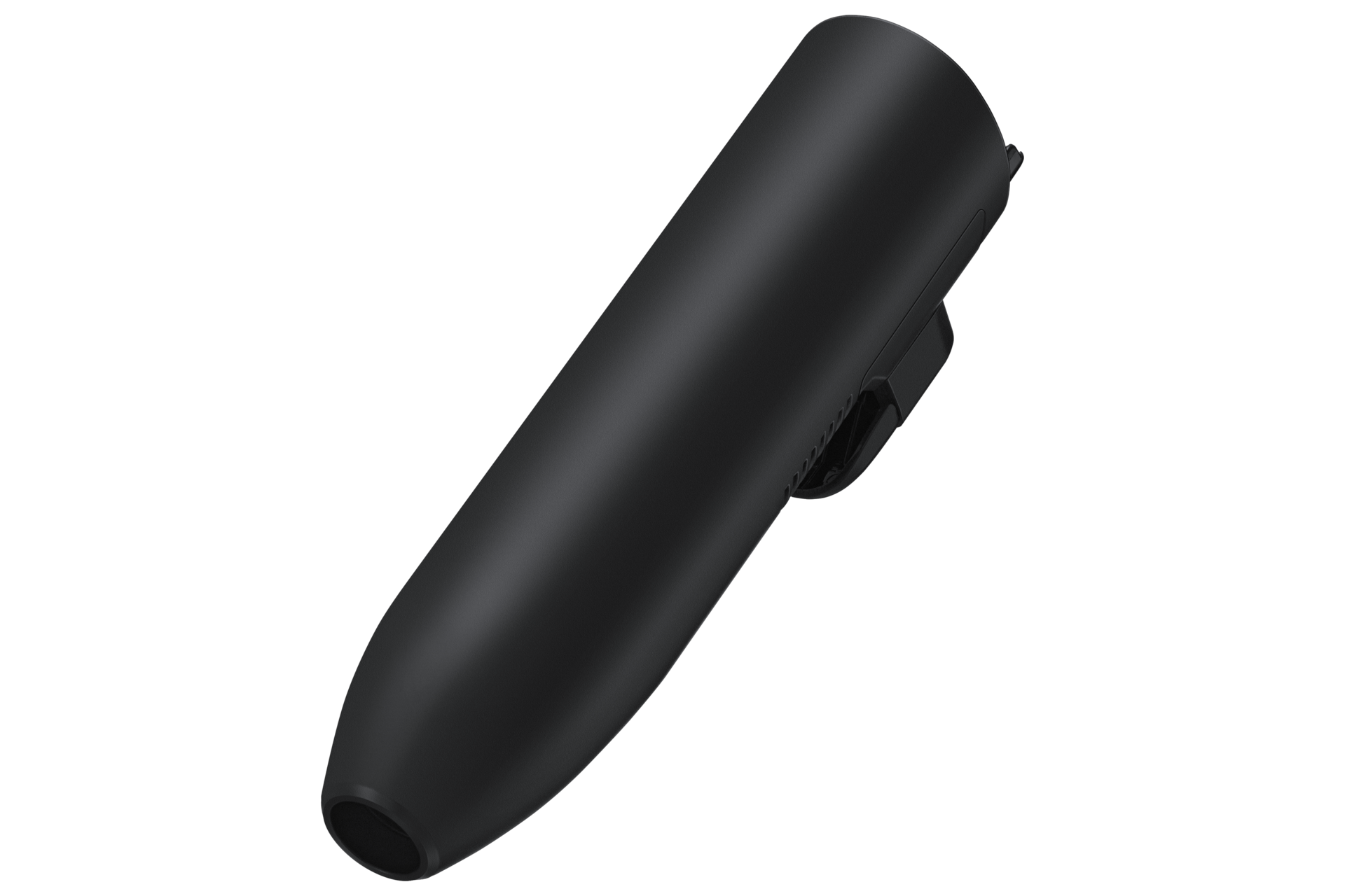 Ein schwarzes, zylindrisches Gerät mit abgerundeter Spitze und Clip an der Seite, vor schwarzem Hintergrund.