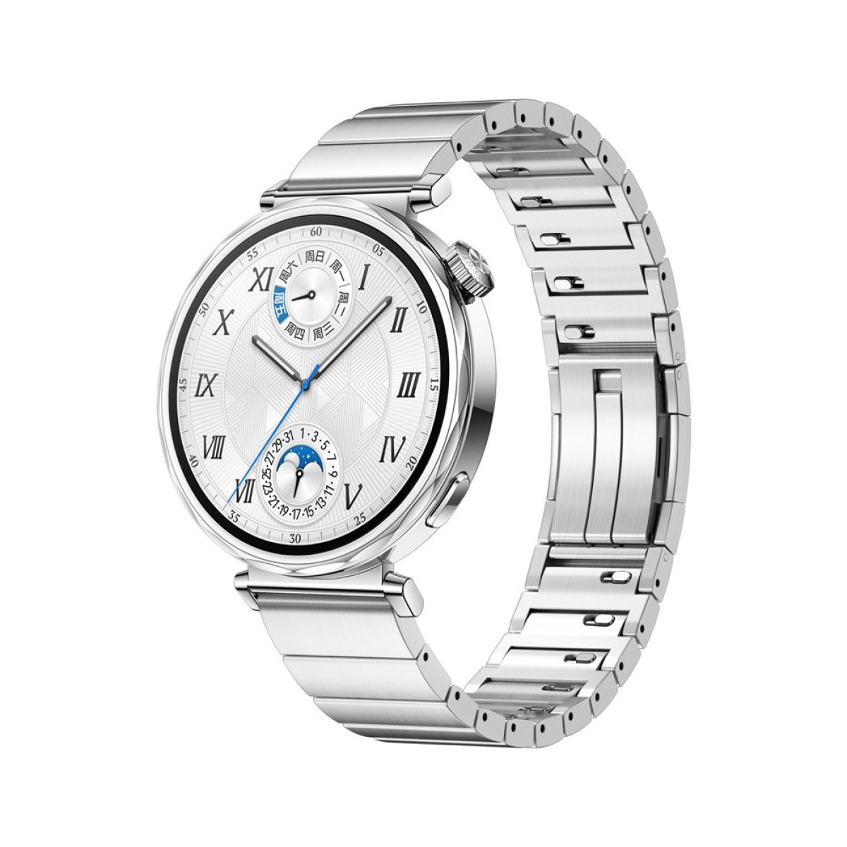 Un reloj de pulsera plateado con esfera blanca, números romanos y correa de acero inoxidable. El reloj muestra varias funciones.