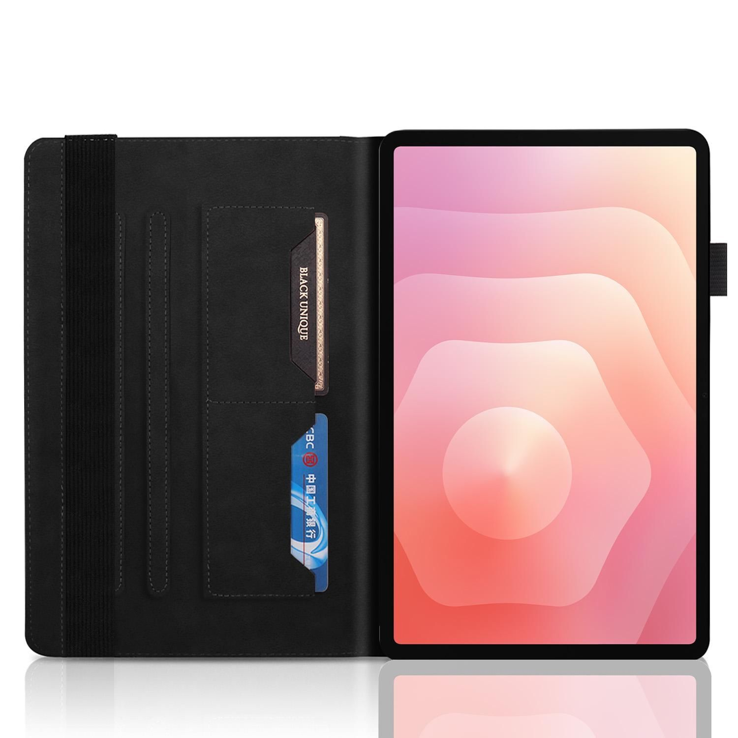 Custodia per tablet nera con tablet con design rosa e bianco. Carte di credito nella custodia, una con 'Black Unique'.