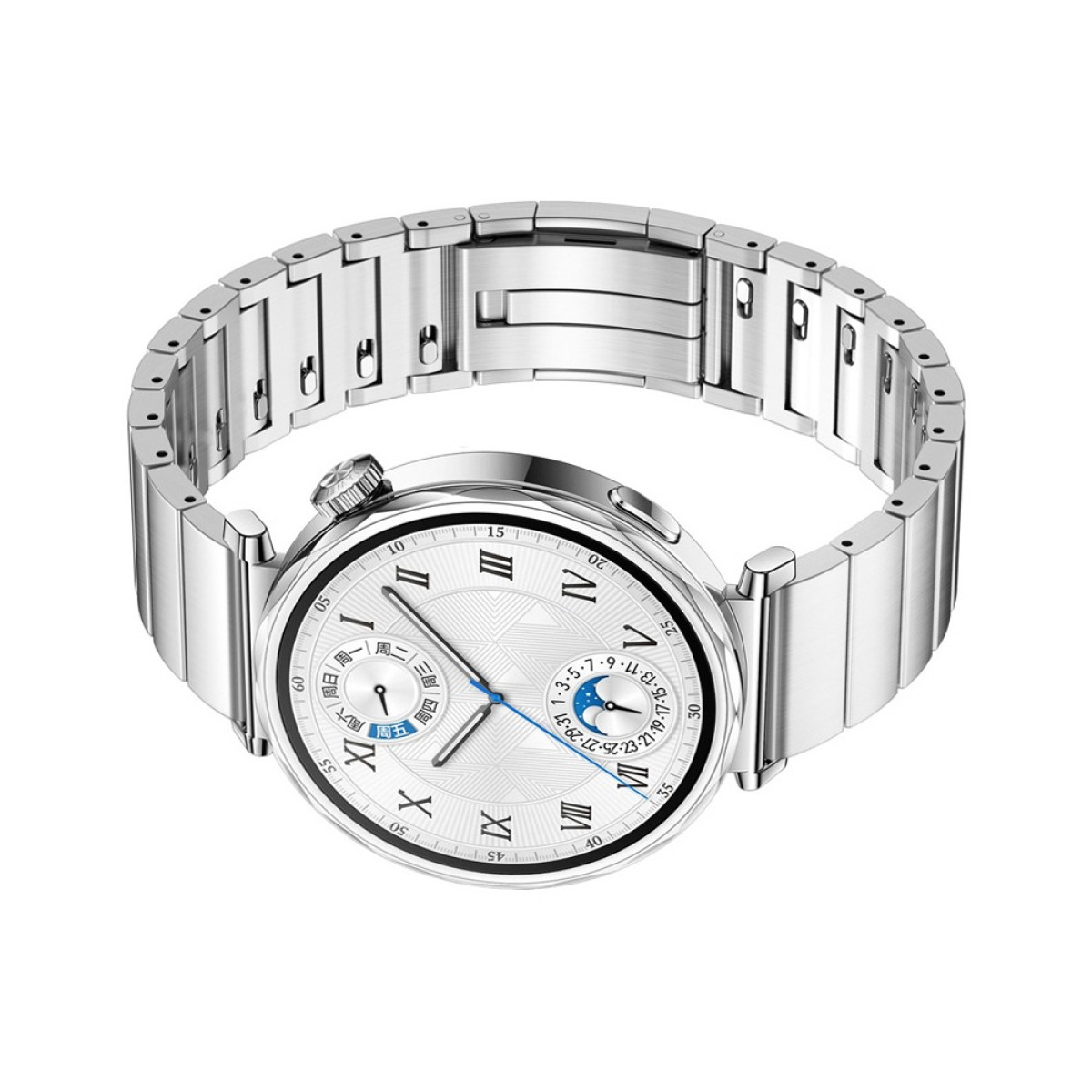 Un reloj de pulsera plateado con esfera blanca, números romanos y correa de acero inoxidable se muestra sobre fondo blanco.