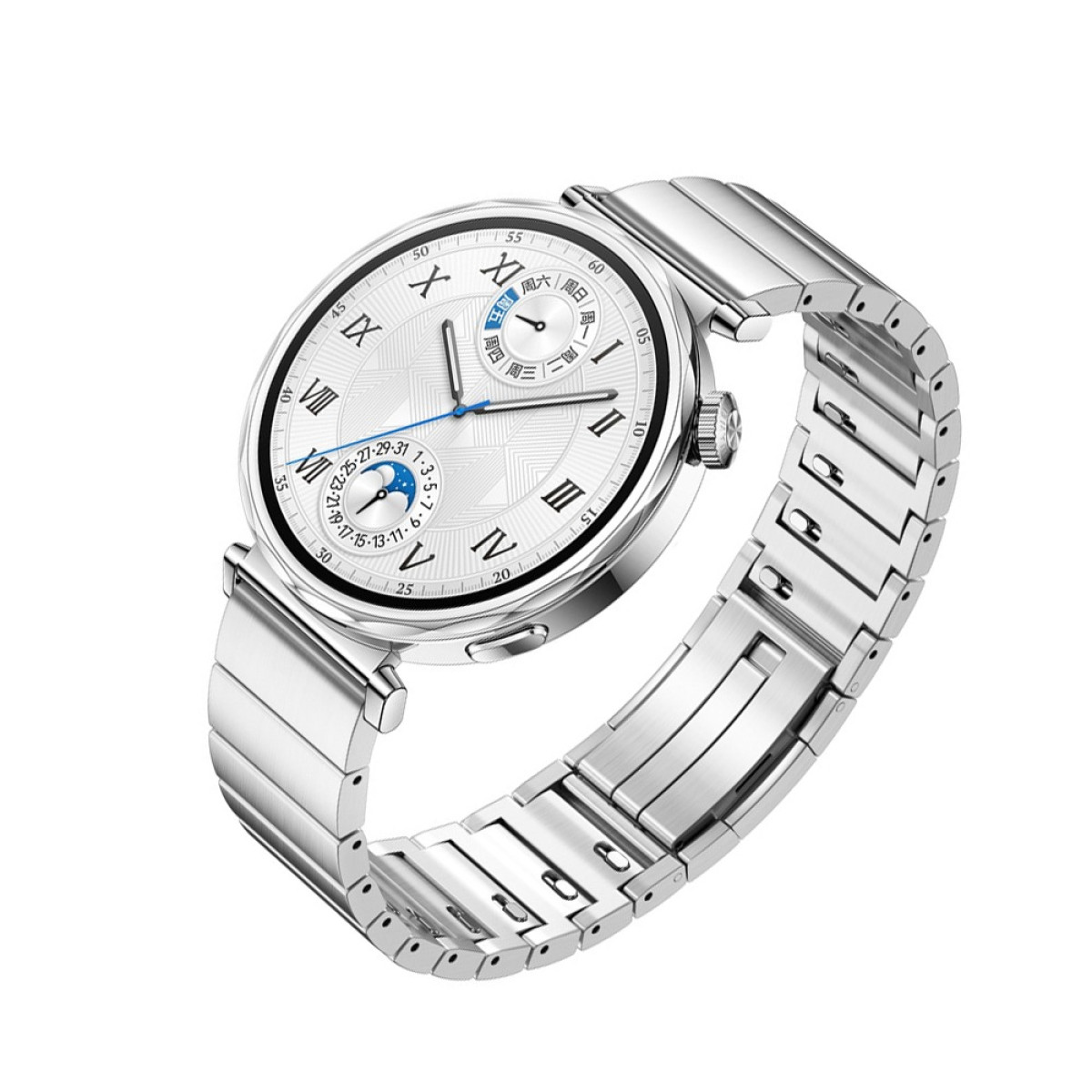 Un reloj inteligente plateado con esfera blanca, números romanos y correa de acero inoxidable. El reloj muestra la fecha y hora.