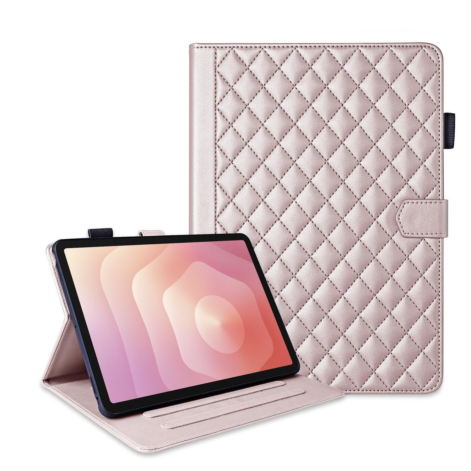 Eine rosa Tablet-Hülle mit Steppmuster. Das Tablet ist geöffnet und zeigt ein farbenfrohes abstraktes Bild. Die Hülle befindet sich auf weißem Hintergrund.