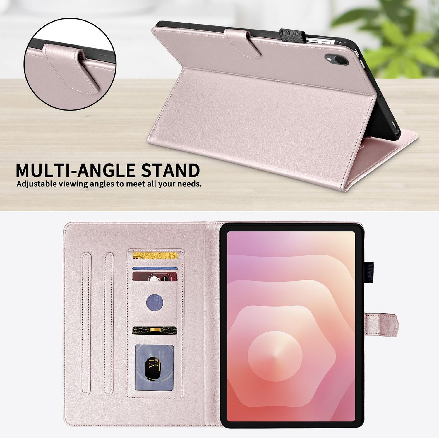 Eine rosa Tablethülle mit einem Tablet darin. Die Hülle ist geöffnet und zeigt den Bildschirm und Kartenfächer. Der Text lautet 'MULTI-ANGLE STAND'.