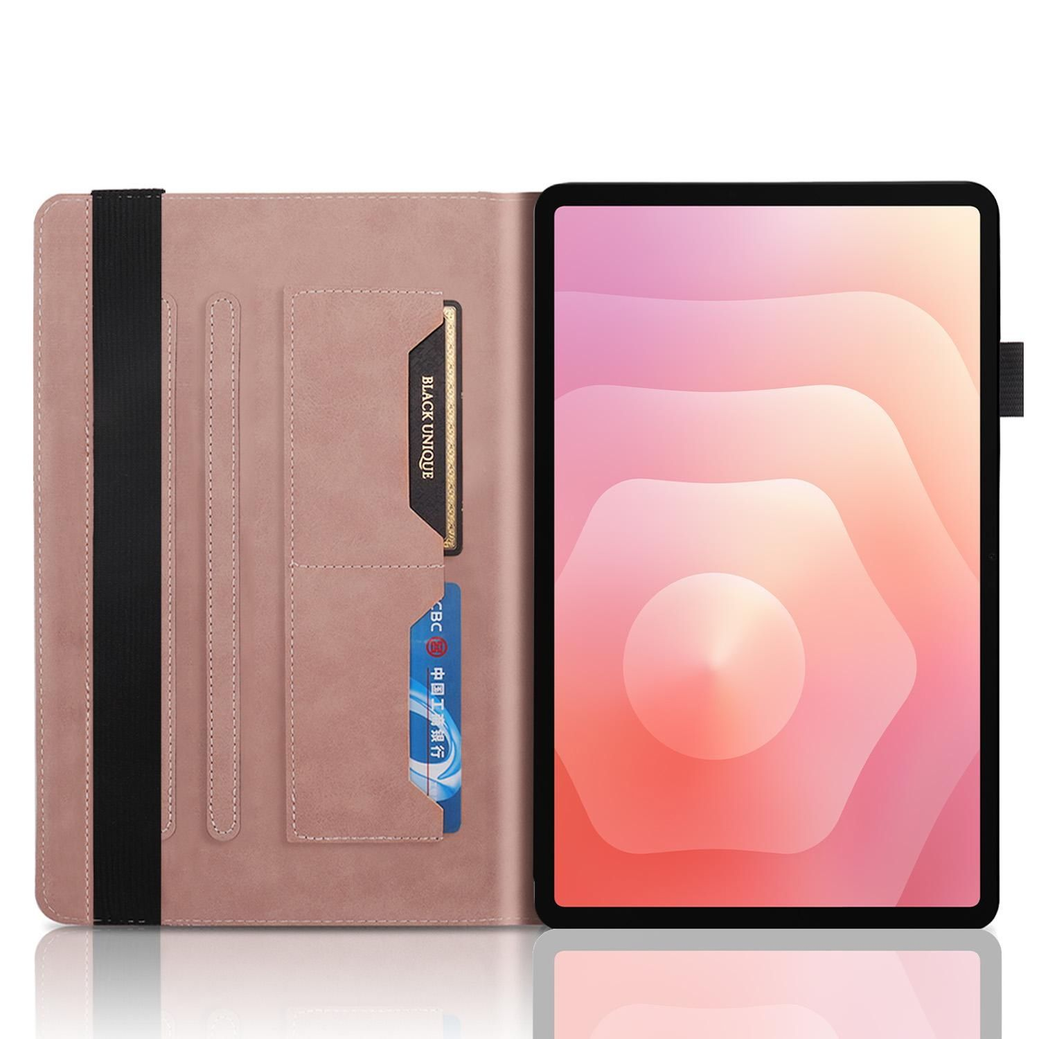 Un tablet in una custodia rosa è aperto. La custodia ha fessure per carte. Un elastico nero e una linguetta nera fissano il tablet.