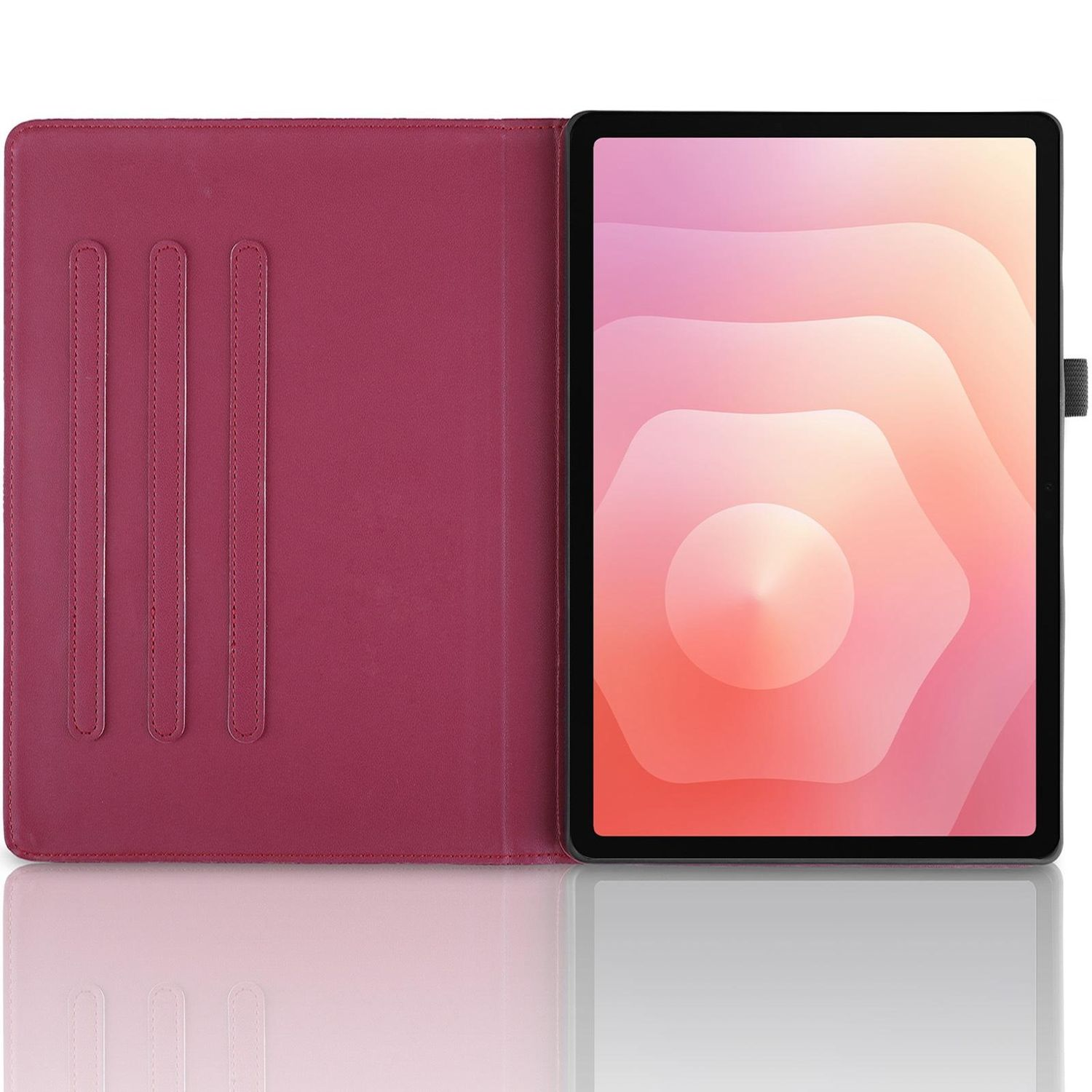 Una tableta en una funda roja está abierta. La pantalla muestra un diseño abstracto y colorido. La funda tiene ranuras para tarjetas.