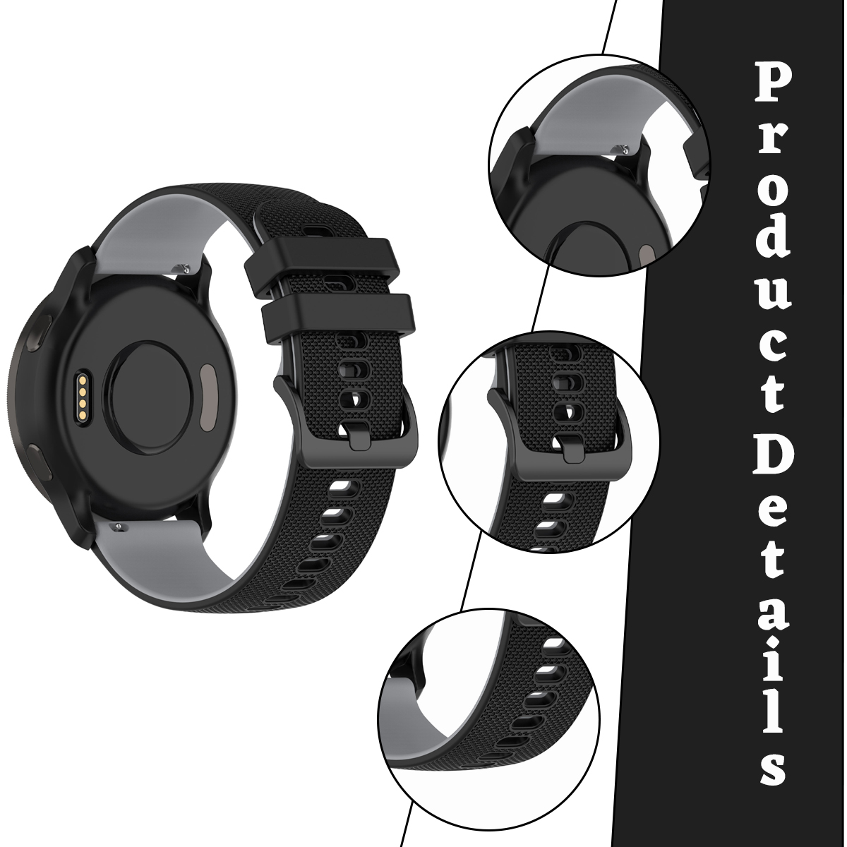 Schwarze Smartwatch mit grauem Armband. Details umfassen Schnalle und Nahaufnahmen. Produktdetails Text auf der rechten Seite.