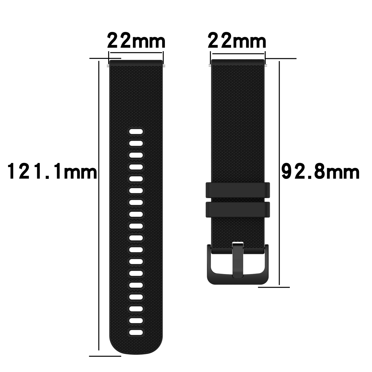 Zwei schwarze Uhrenarmbänder, eines mit Löchern und das andere mit einer Schnalle. Abmessungen sind beschriftet: 121,1 mm, 92,8 mm und 22 mm.