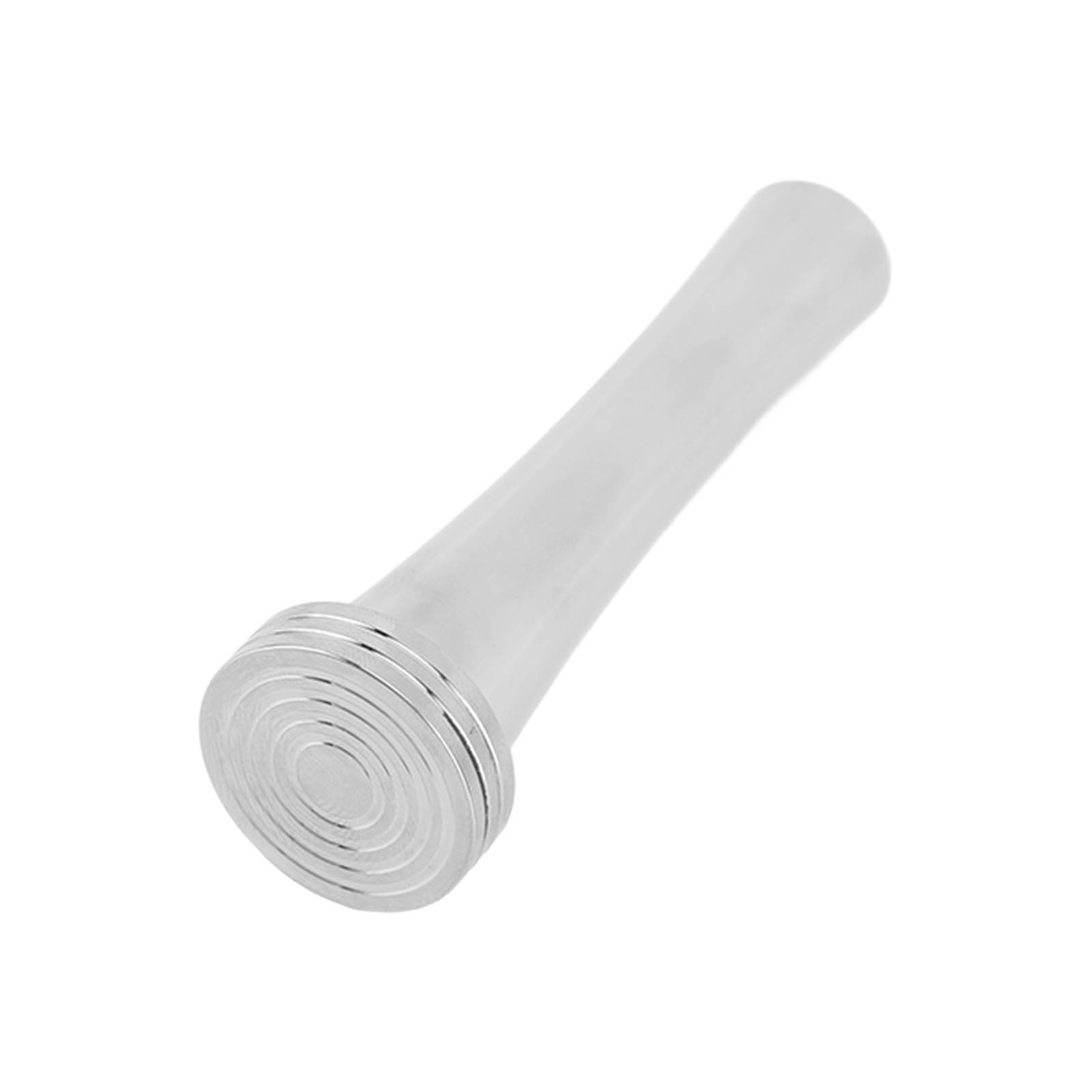 Ein Metallwerkzeug mit breiter, geriffelter Basis und glattem, sich verjüngendem Griff auf weißem Grund.
