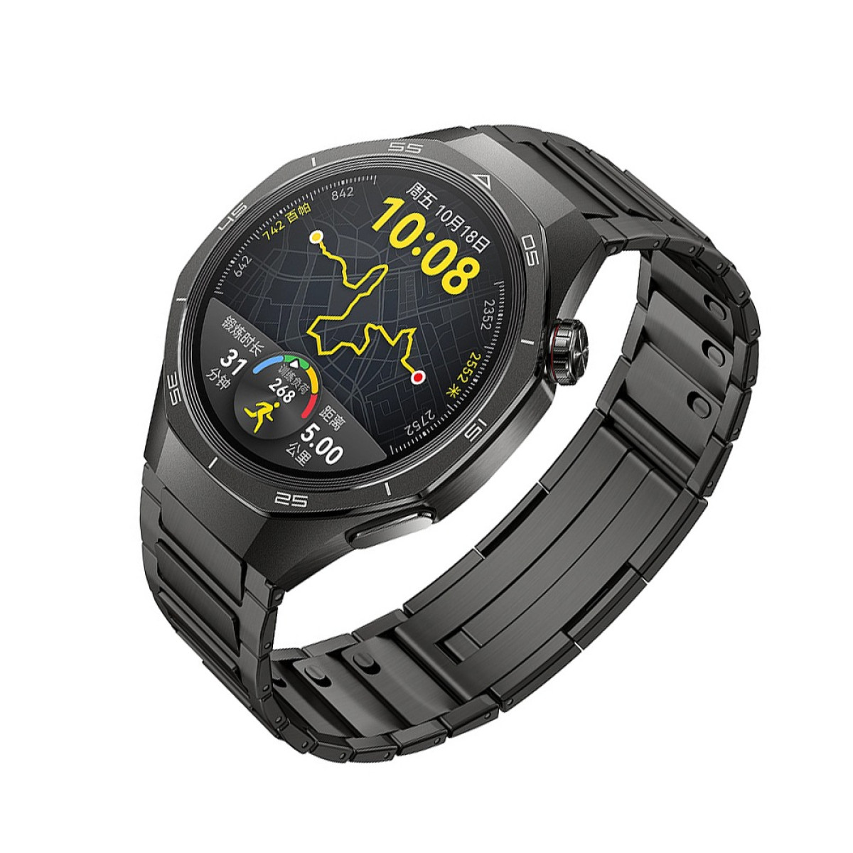 Eine schwarze Smartwatch mit Kartenanzeige, die eine Laufstrecke und Statistiken zeigt. Das Uhrenarmband ist ebenfalls schwarz.
