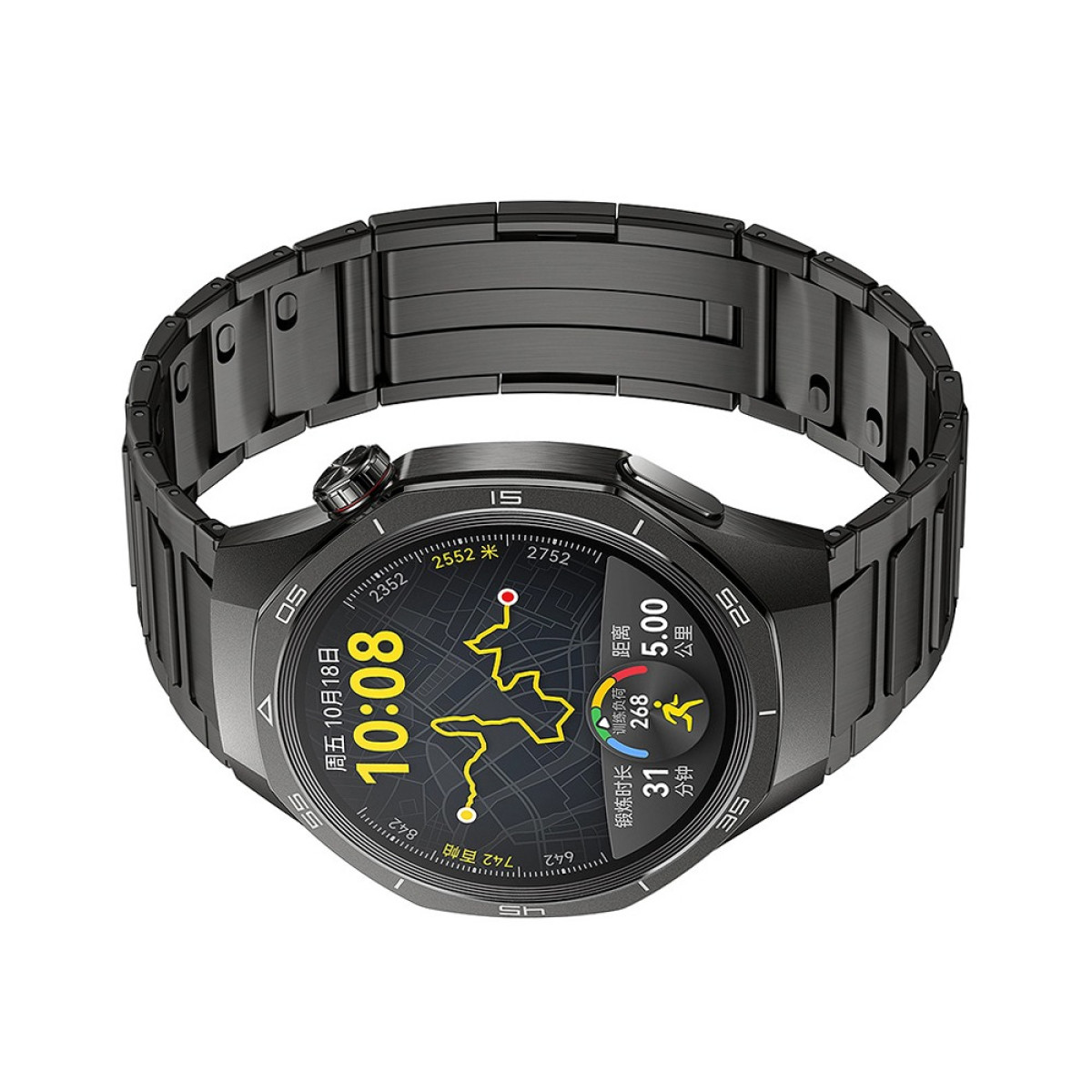 Dunkelgraue Smartwatch mit Metallarmband. Das Zifferblatt zeigt Karte, Zeit, Entfernung und andere Fitnessdaten.