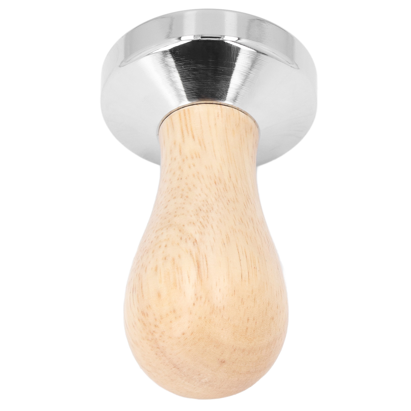 Ein Kaffeestempel mit Holzgriff und silberfarbener Metallbasis auf weißem Hintergrund.