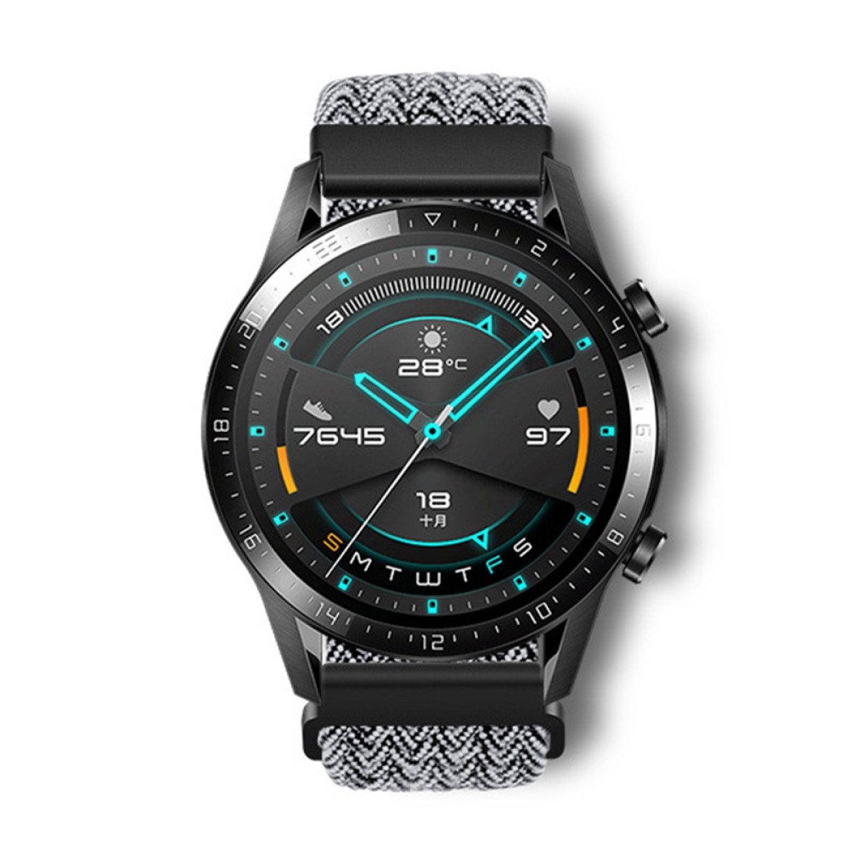 Eine schwarze Smartwatch mit gemustertem Armband zeigt Zeit, Temperatur (28°C), Schritte (7645) und Herzfrequenz (97) auf weißem Hintergrund.