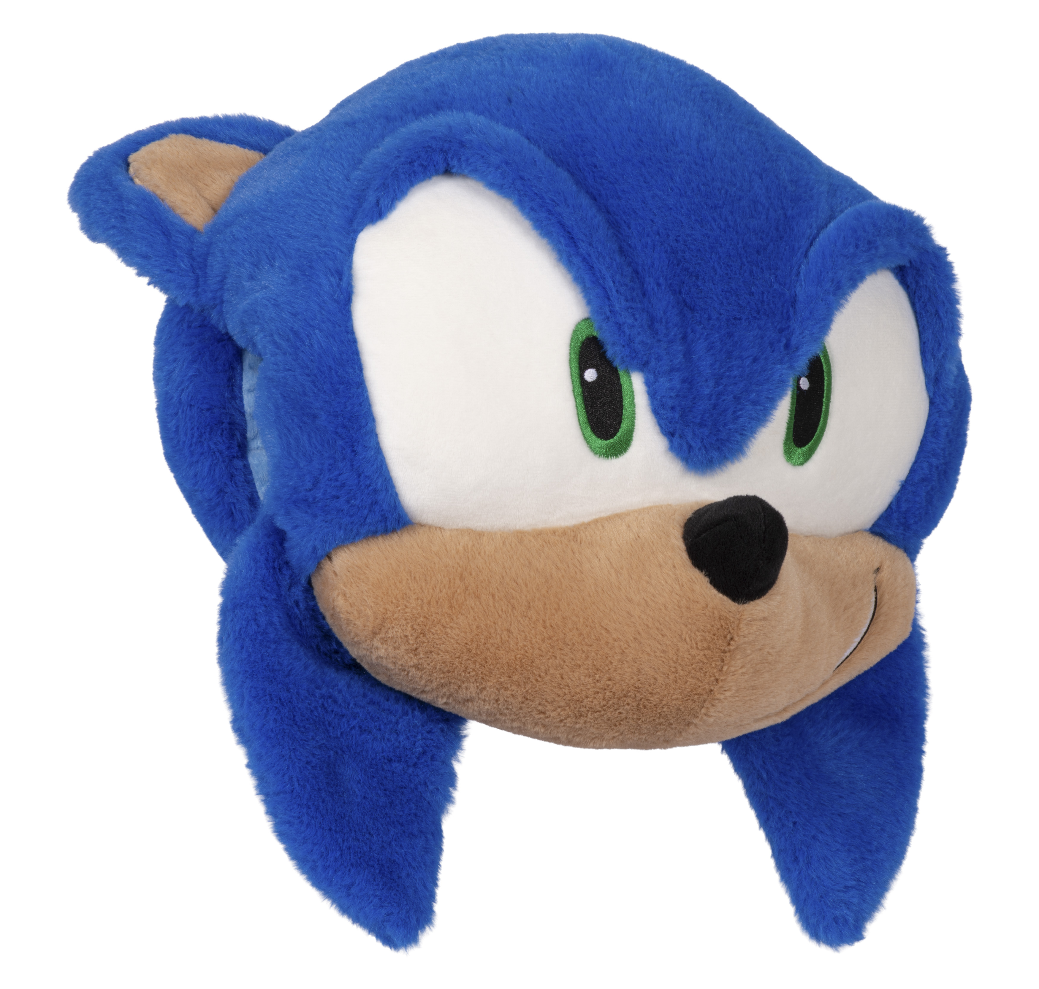 Ein Sonic the Hedgehog Plüschhut. Er ist blau, weiß und hellbraun. Der Hut befindet sich auf weißem Hintergrund.