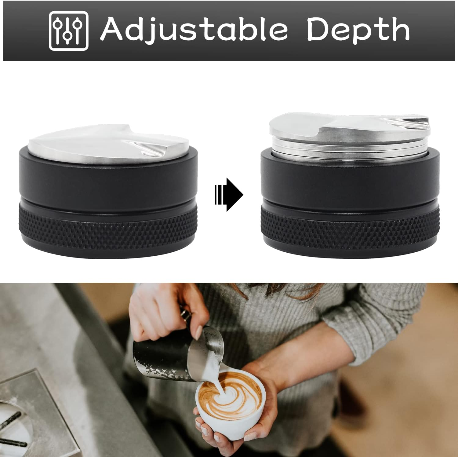 Das Bild zeigt einen Kaffee-Tamper mit einstellbarer Tiefe. Eine Person gießt Milch in eine Kaffeetasse und kreiert Latte Art.