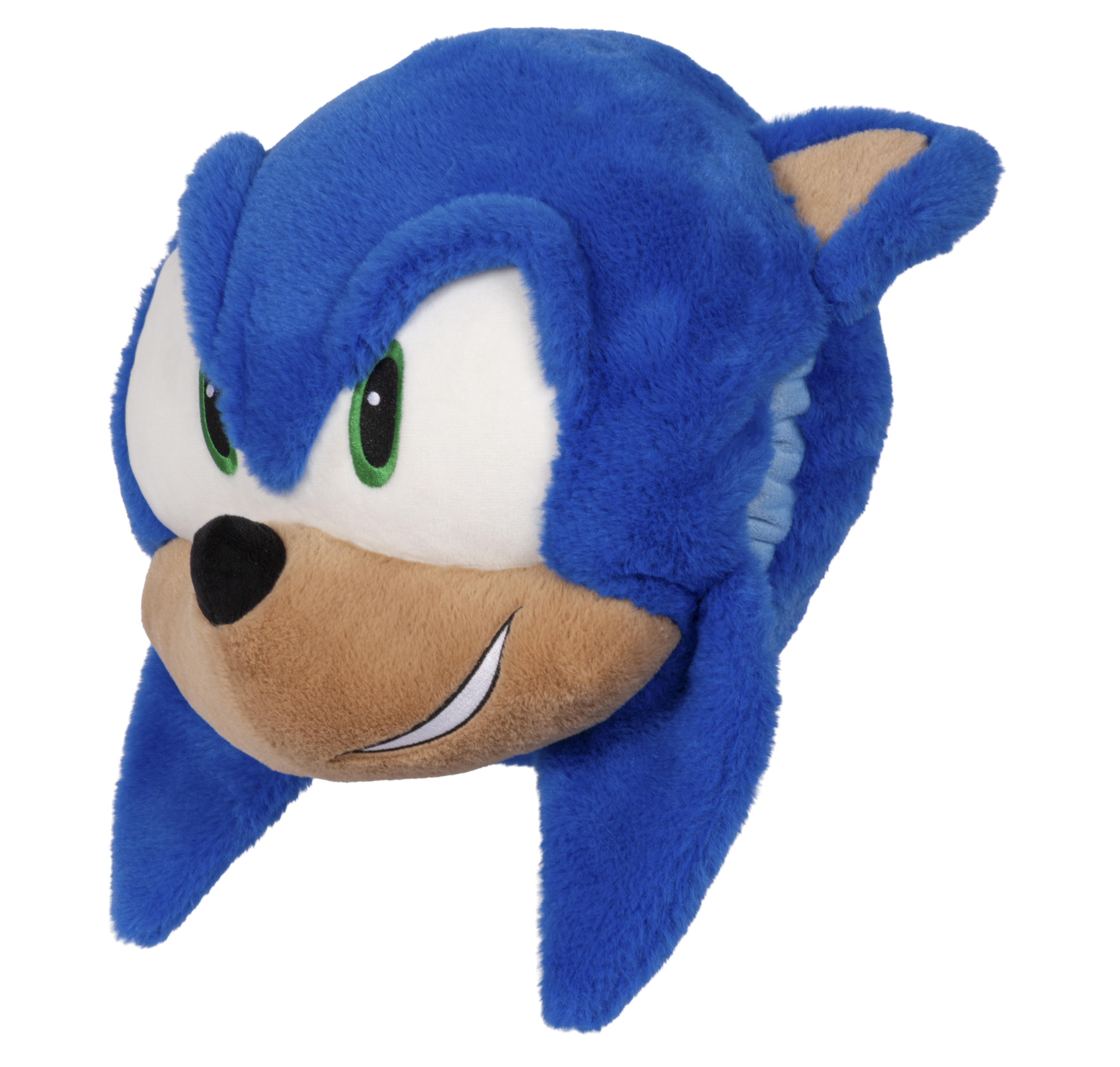 Ein blauer Plüsch-Sonic-the-Hedgehog-Hut mit weißen Augen, grünen Pupillen und einer braunen Schnauze.