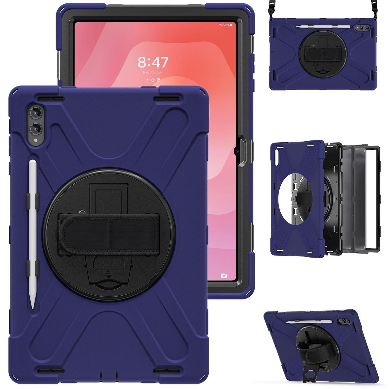 Una tableta en una funda azul oscuro con un lápiz. La pantalla muestra la hora. Se muestran varios ángulos de la tableta.