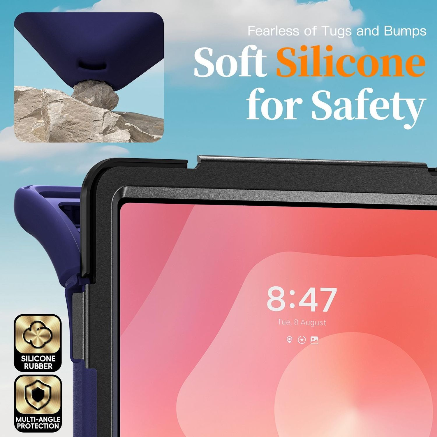 Funda de tableta con detalles azules, protege contra golpes. Texto: 'Soft Silicone for Safety'. Muestra la hora: 8:47, fecha: martes, 8 de agosto.