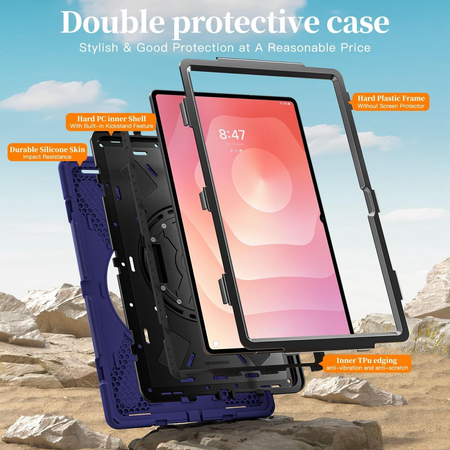 Vista explosionada de una funda para tableta. Muestra el marco de plástico duro, la carcasa interior y la piel de silicona. La funda está sobre rocas.